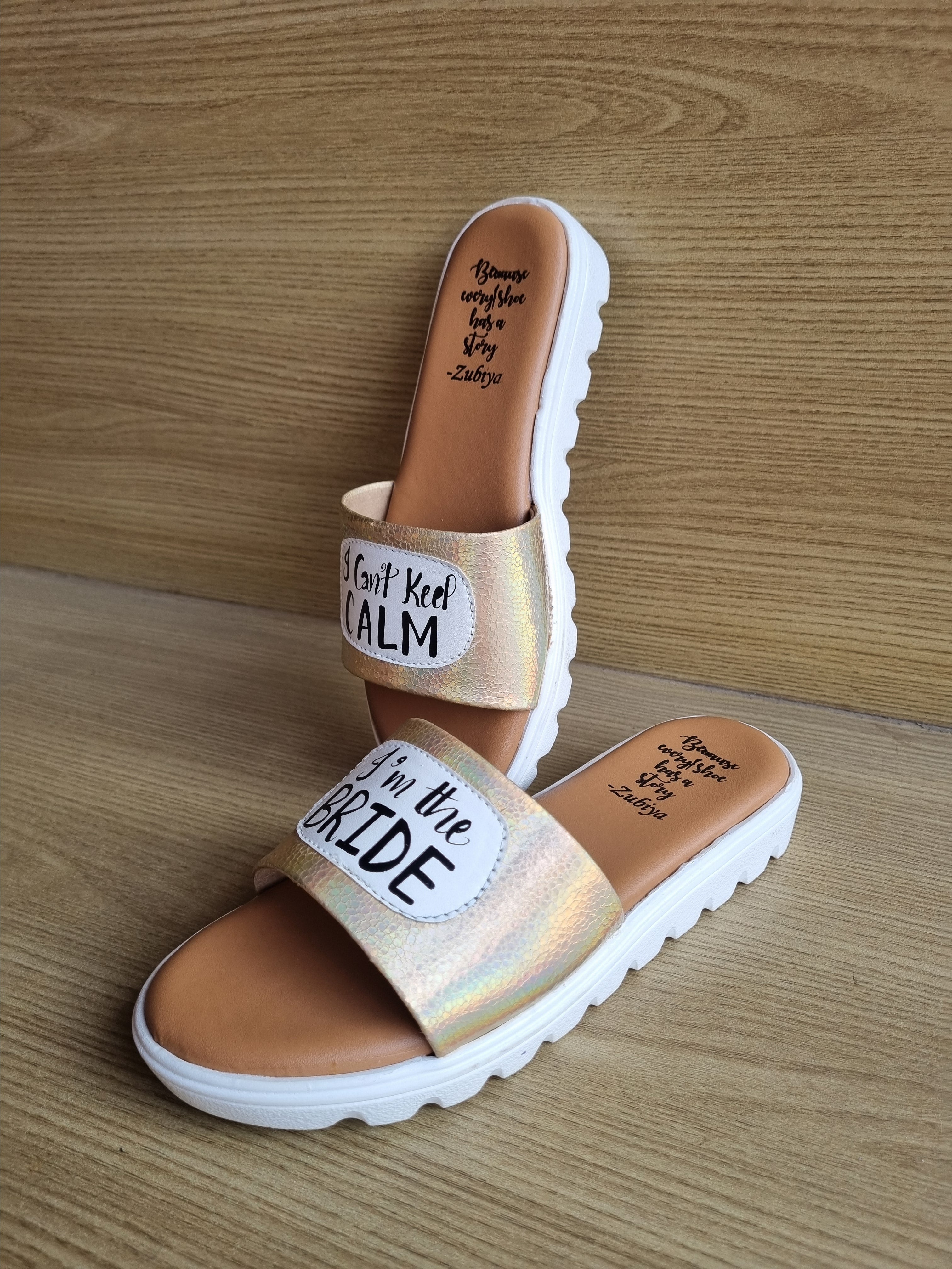 I Cant Keep Calm (golden white sole Slides)
