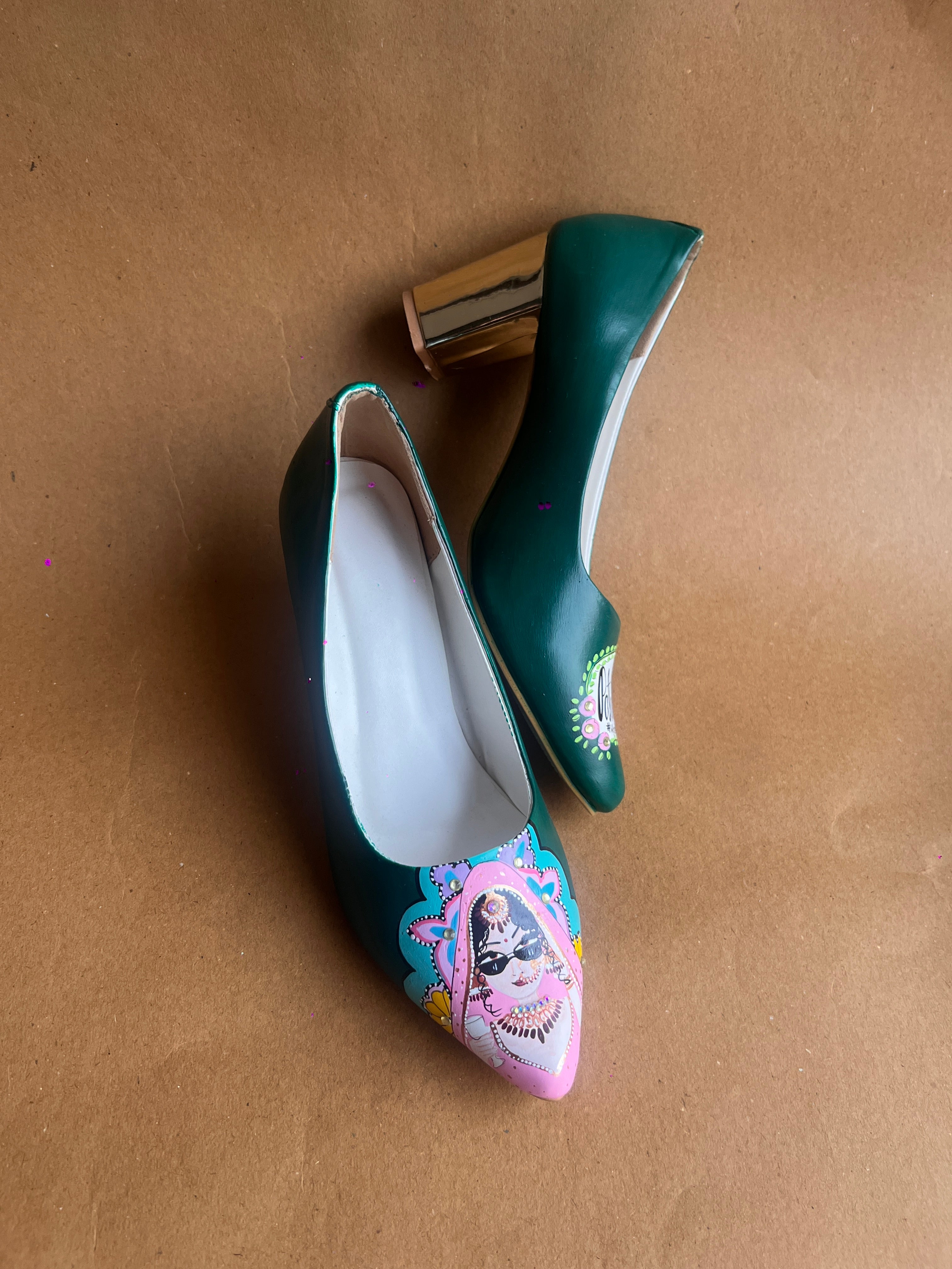 Emerald green Dulhan Artwork block 3.5 Inch pump Heels