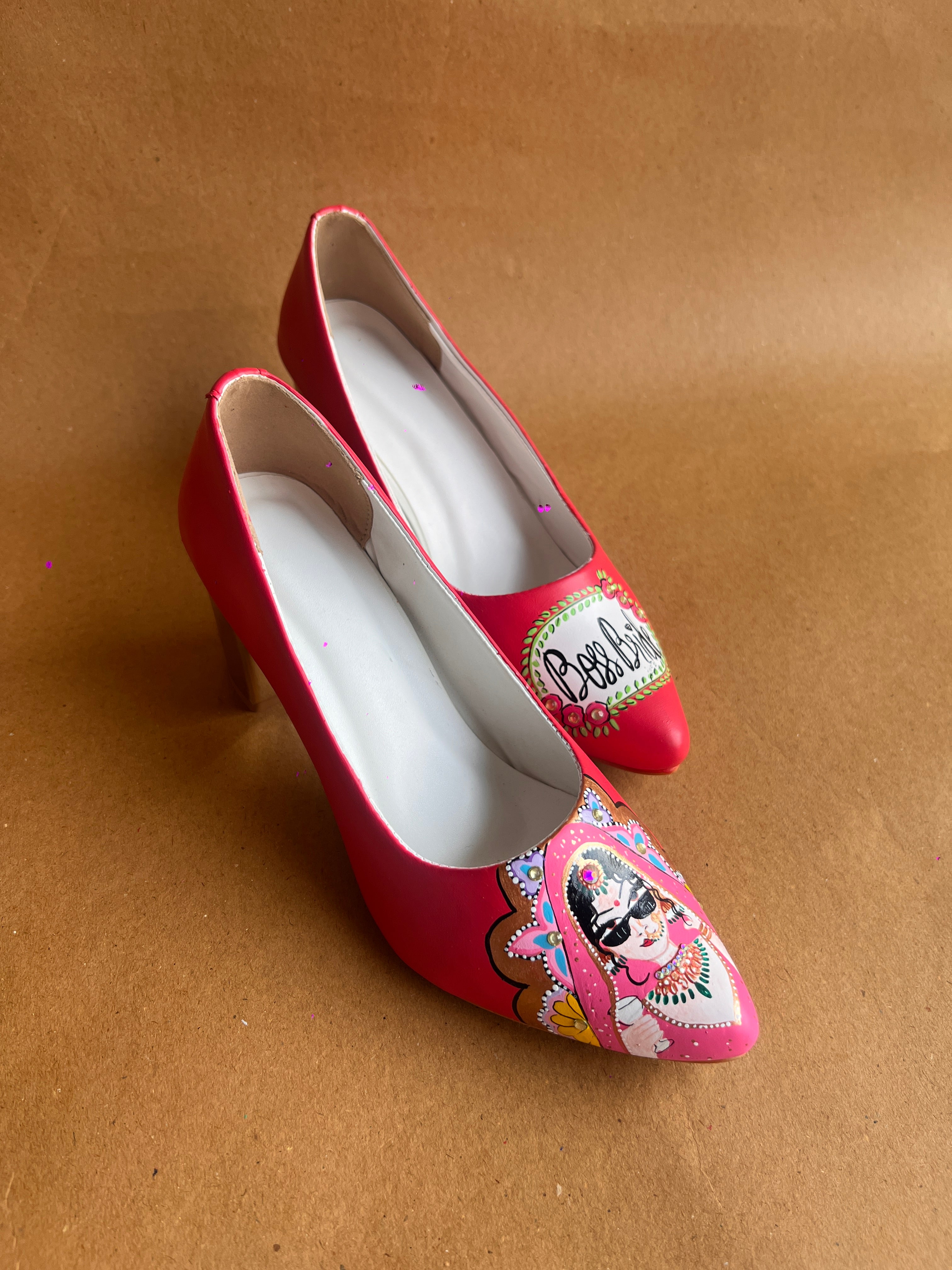 Coral red  Dulhan Artwork block 3.5 Inch pump Heels