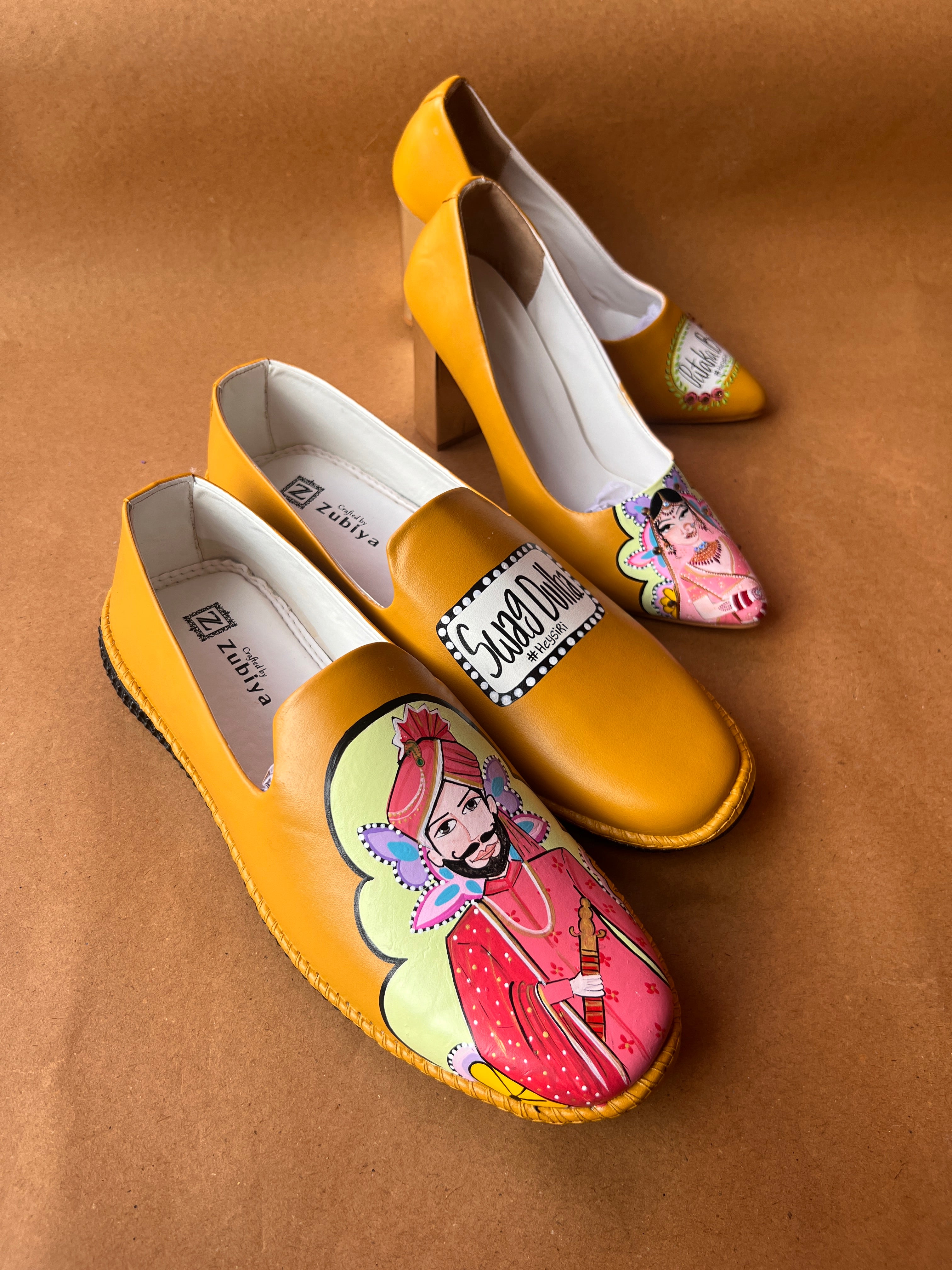 Mustard yellow men’s Mojris - 3.5 inch block heel couple combo