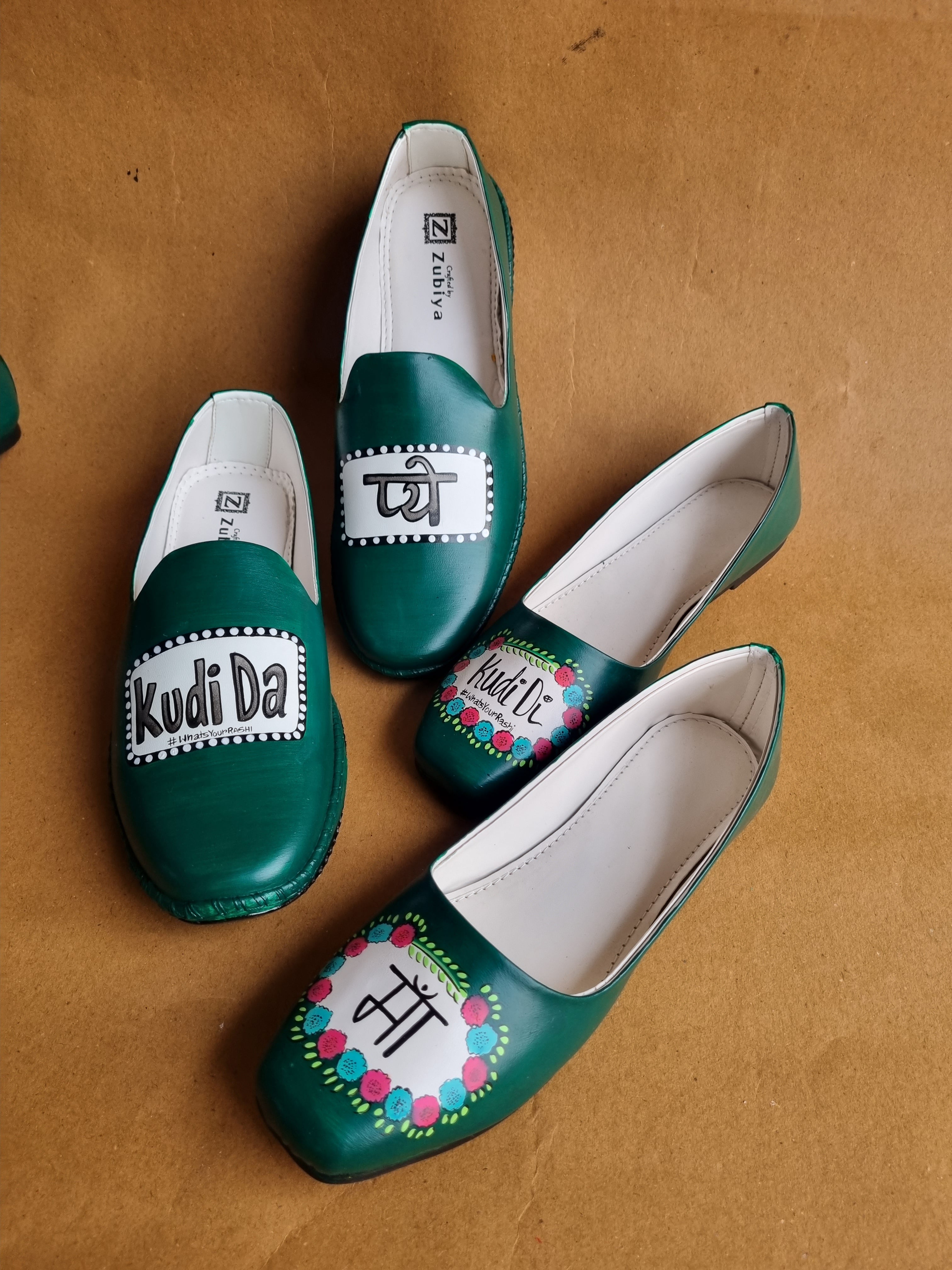 Pyo-ma Emerald green juttis-mojri plain couple combo
