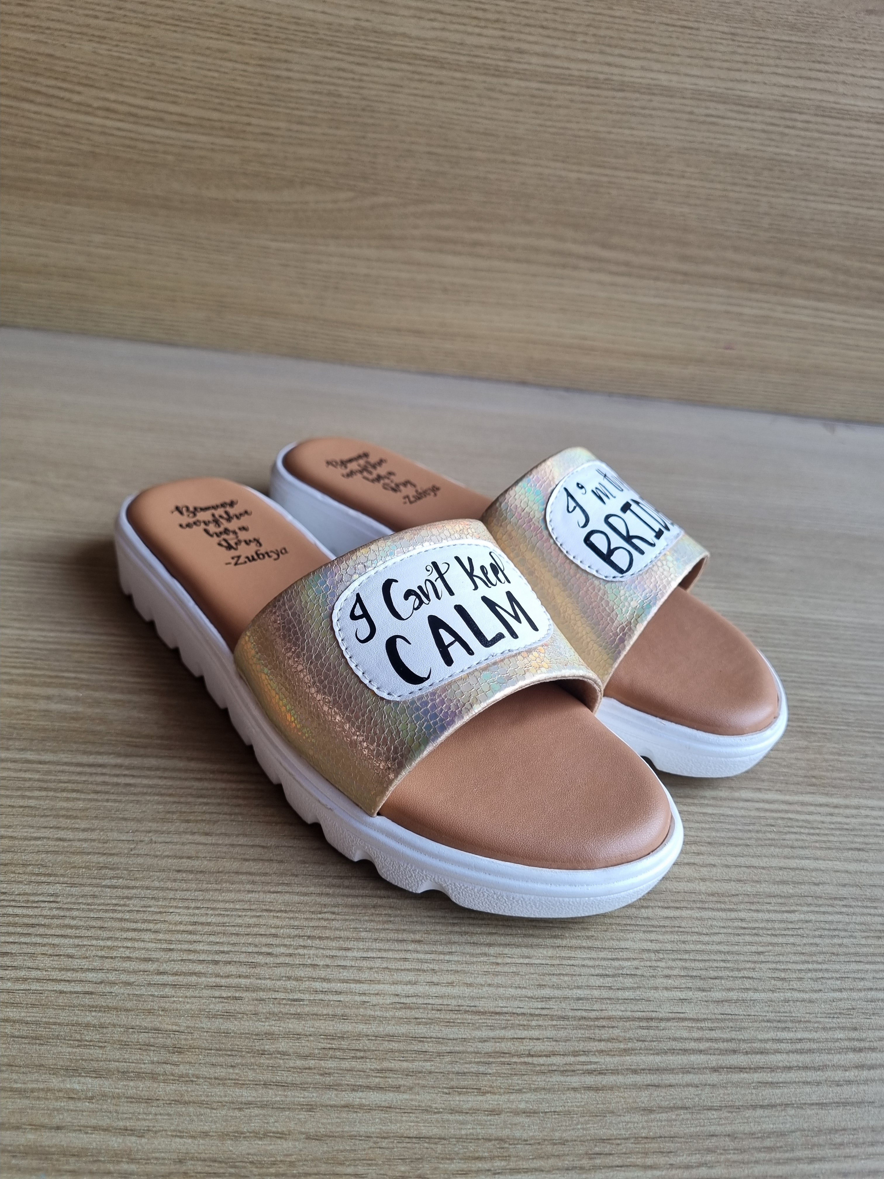 I Cant Keep Calm (golden white sole Slides)