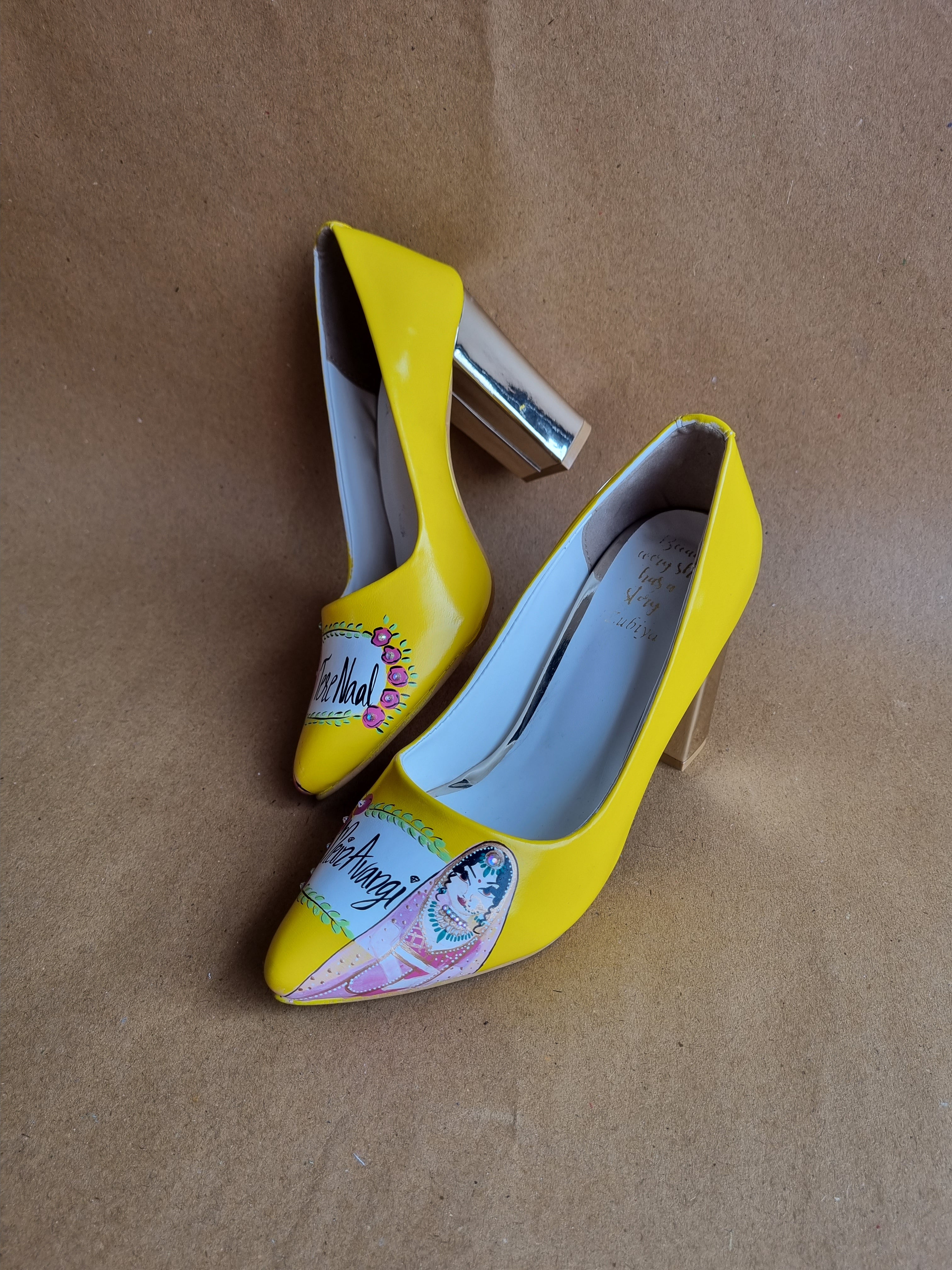 Yellow both side Dulhan Artwork block 3.5 Inch pump Heels