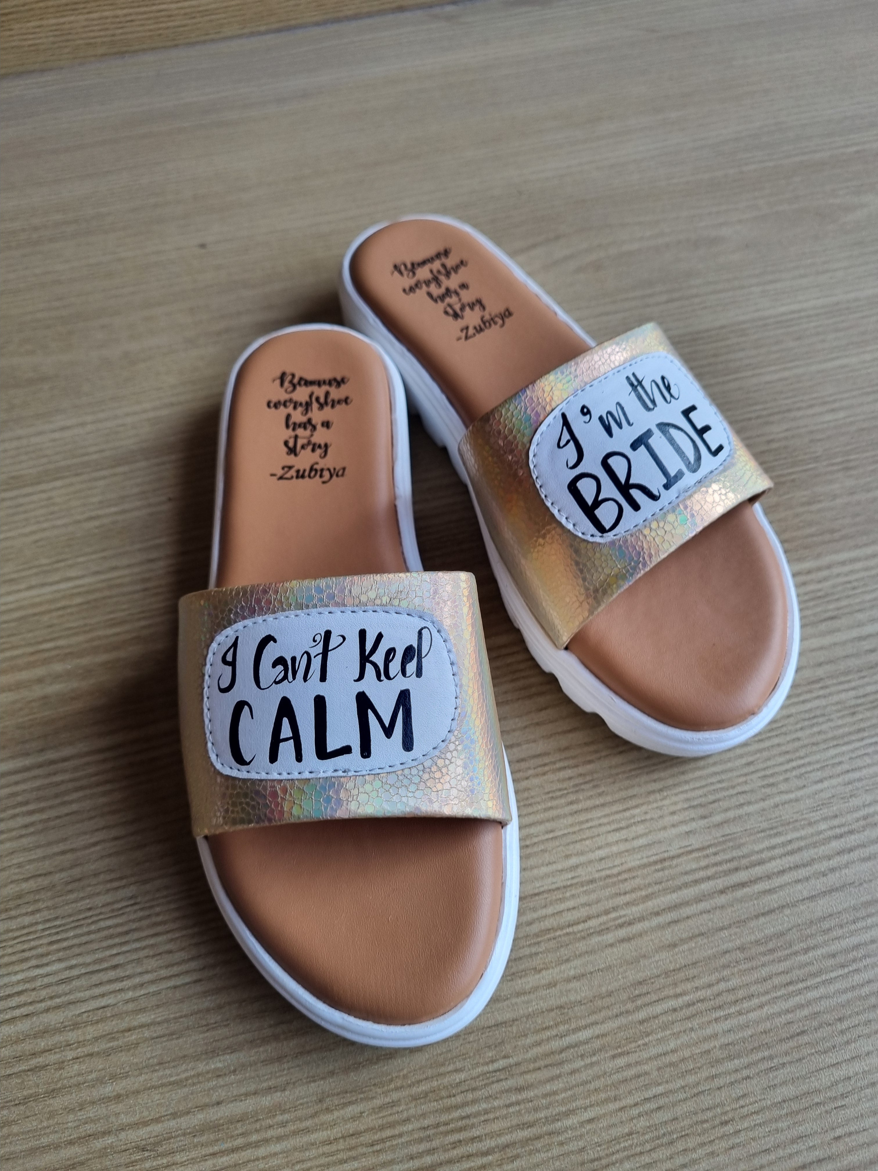 I Cant Keep Calm (golden white sole Slides)
