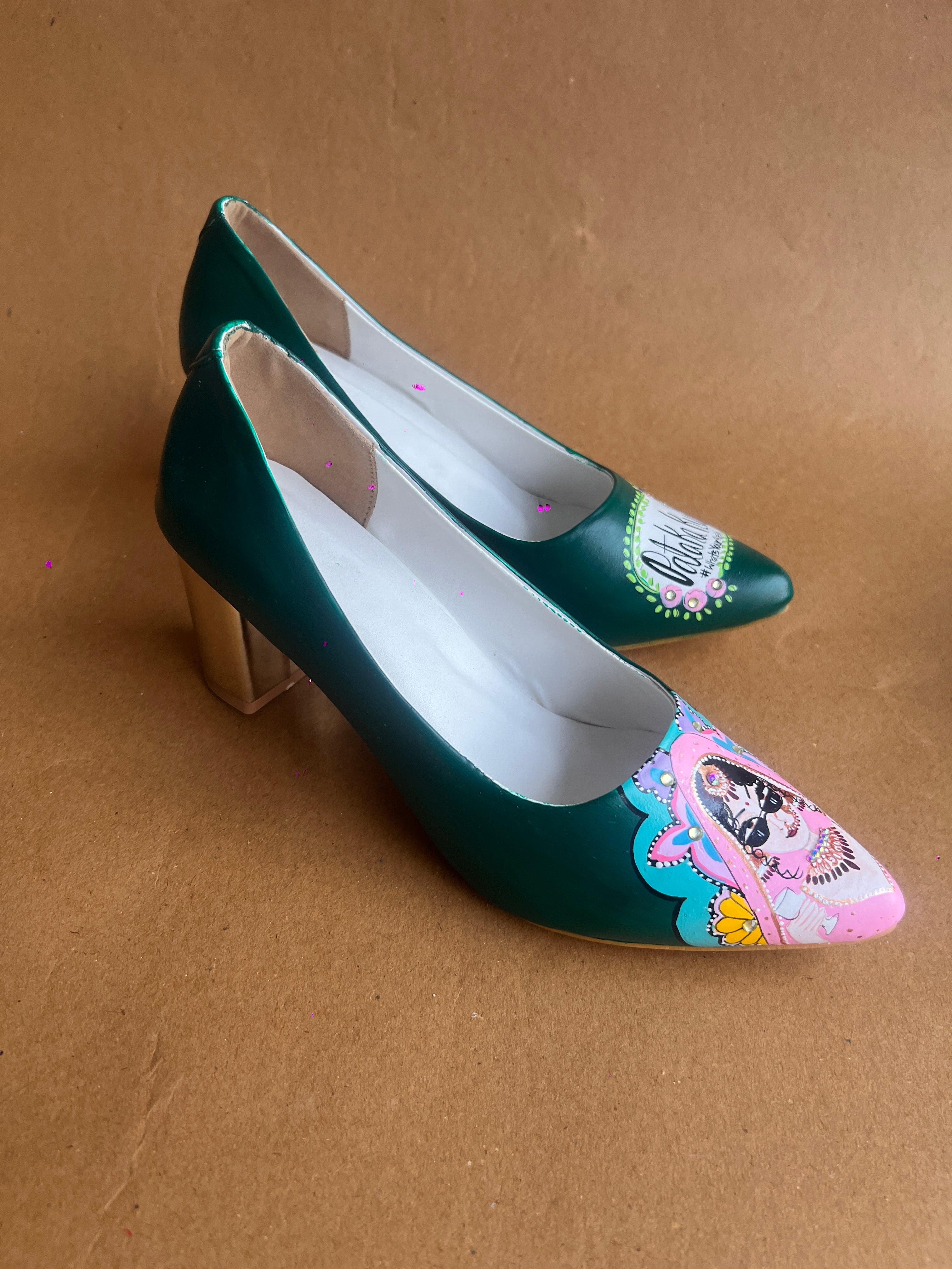 Emerald green Dulhan Artwork block 3.5 Inch pump Heels