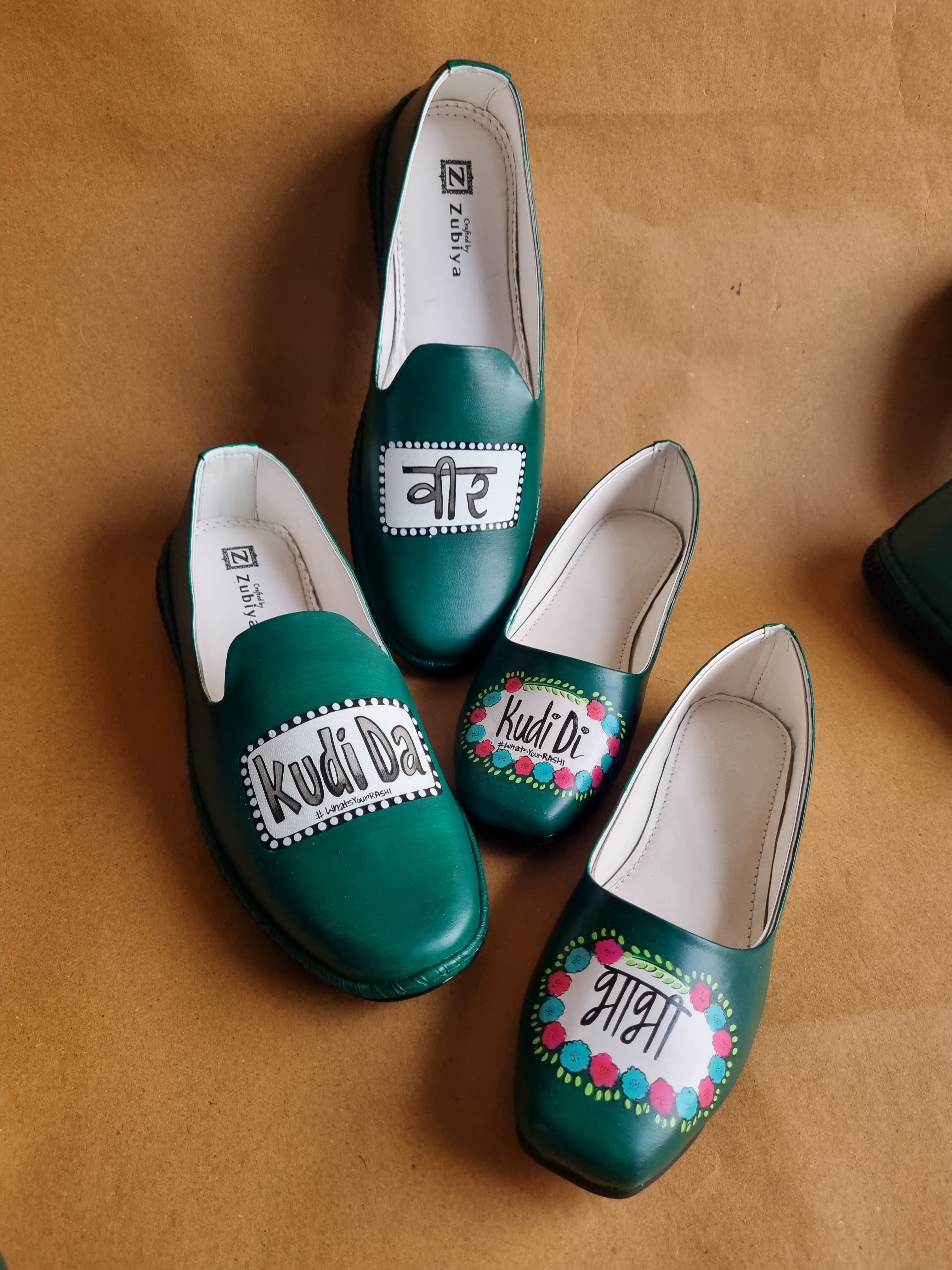 Veer- bhabhi Emerald green juttis-mojri plain couple combo