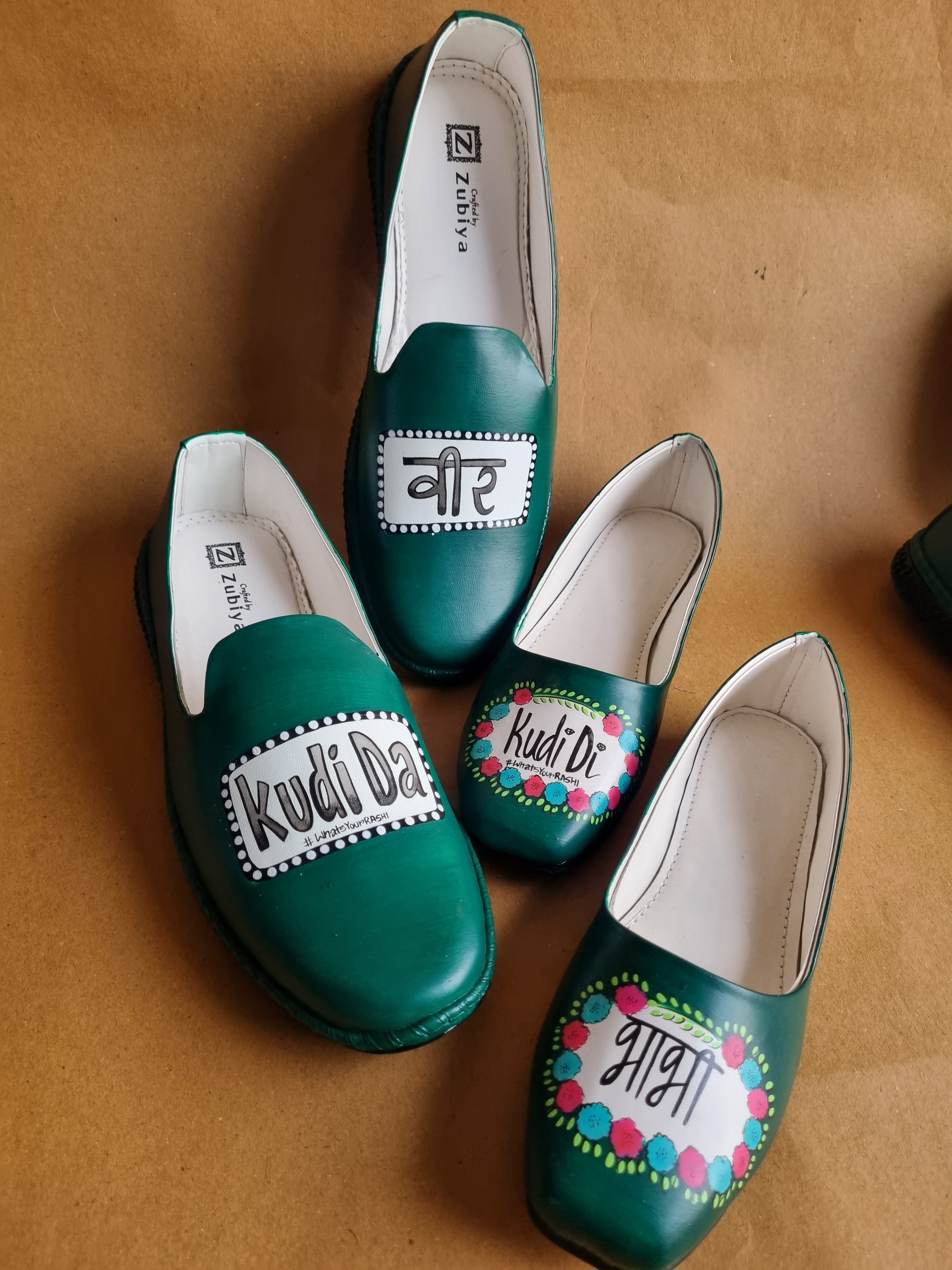 Veer- bhabhi Emerald green juttis-mojri plain couple combo