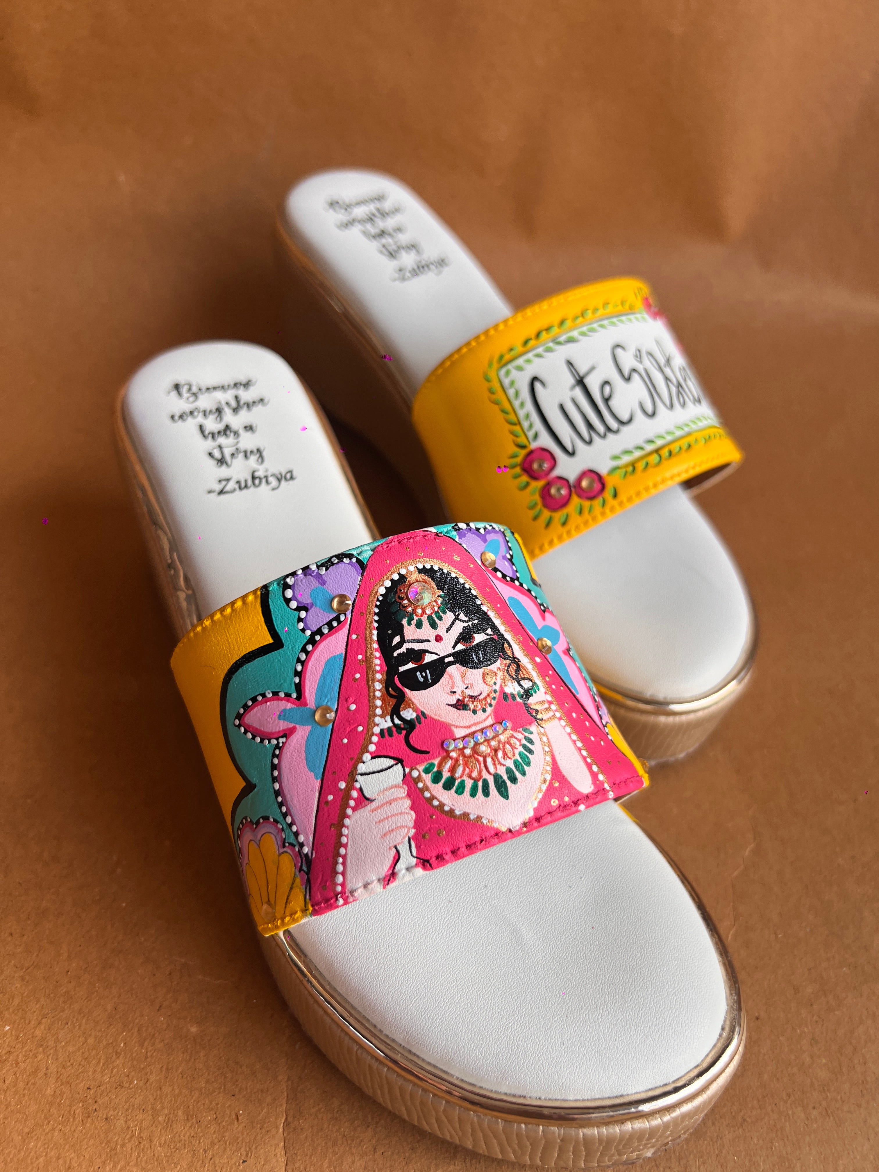 Yellow cute sister golden wedges swag dulhan heels