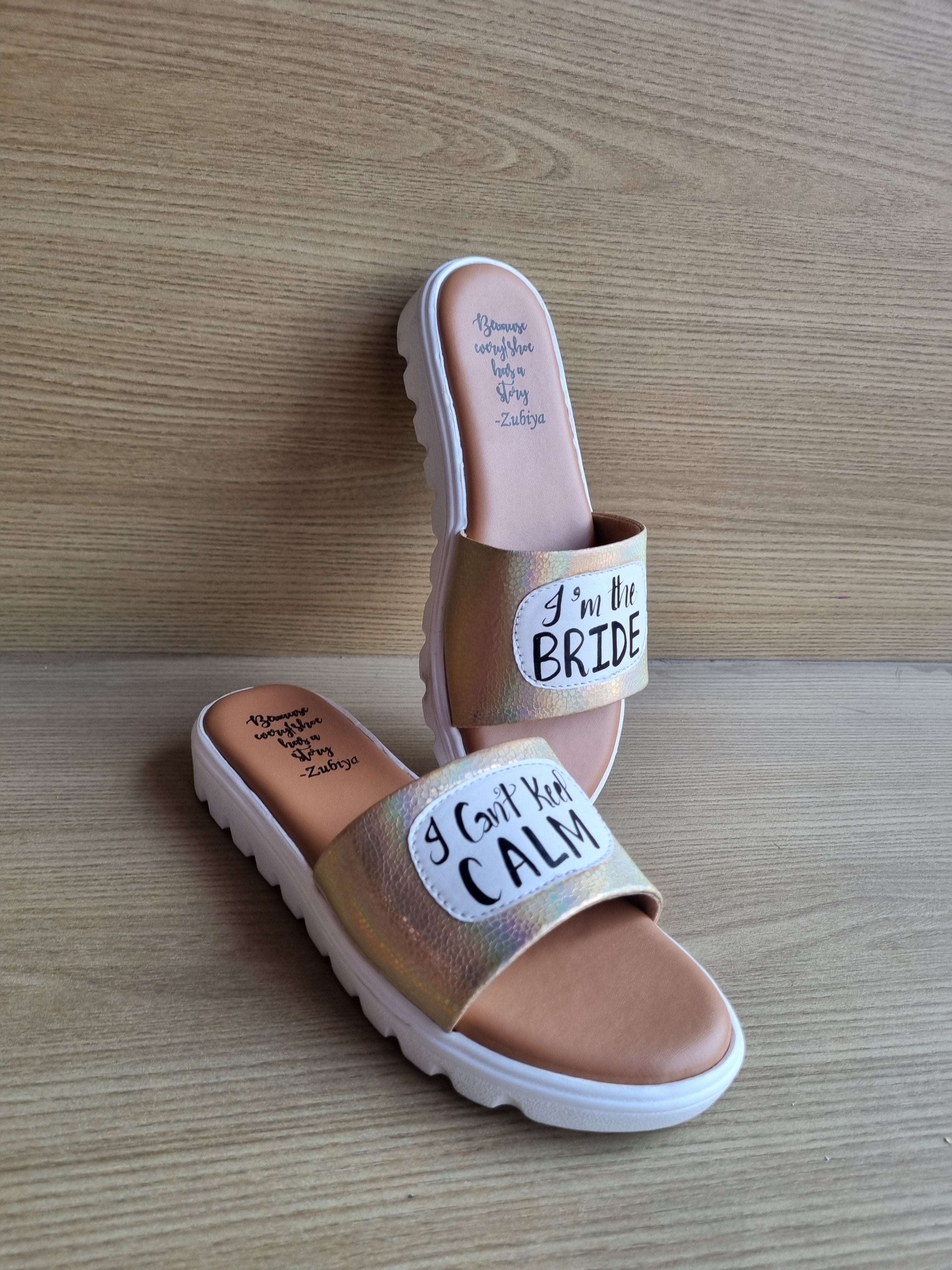 I Cant Keep Calm (golden white sole Slides)