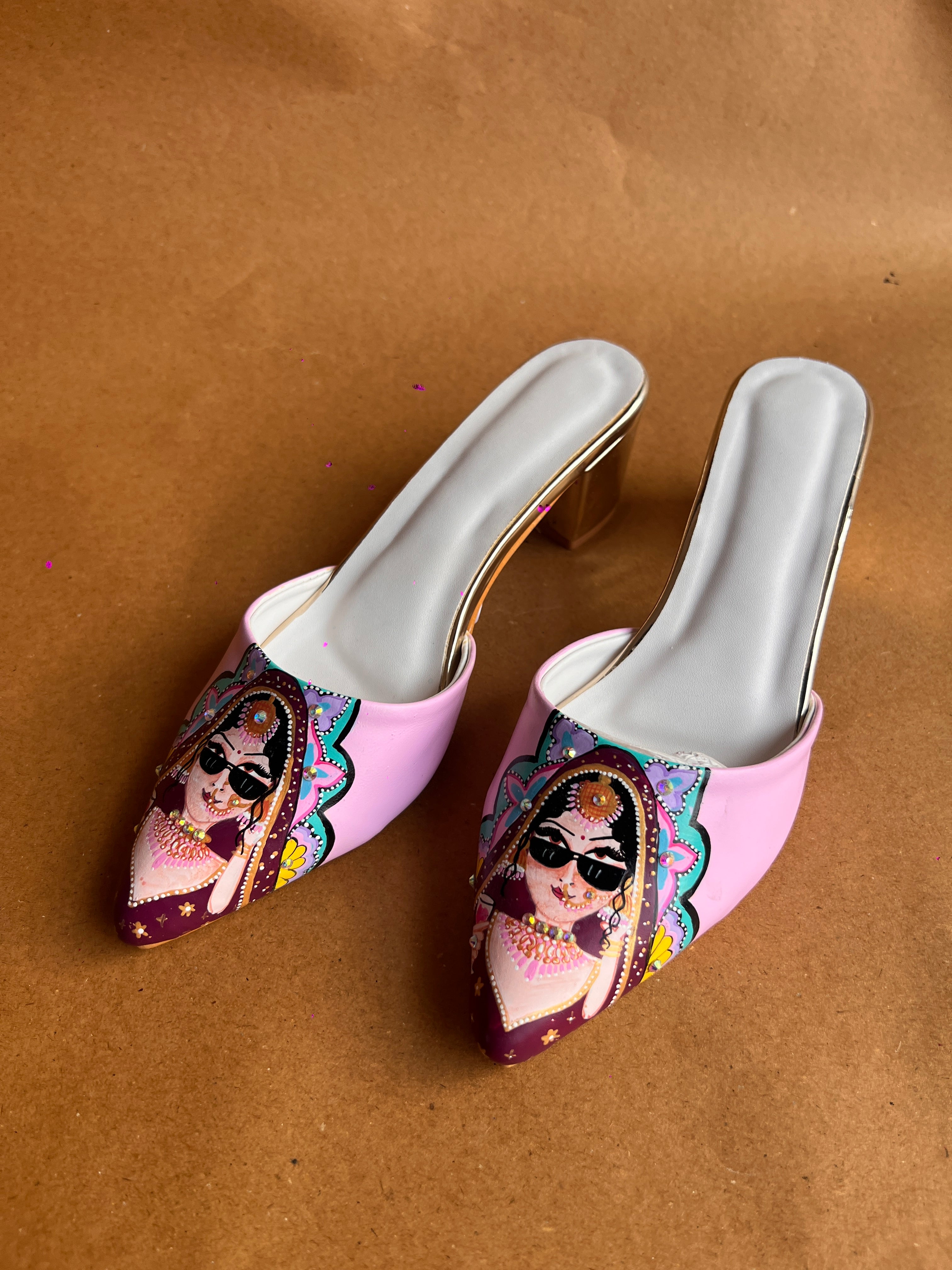 Baby pink 2 inch swag bride mules