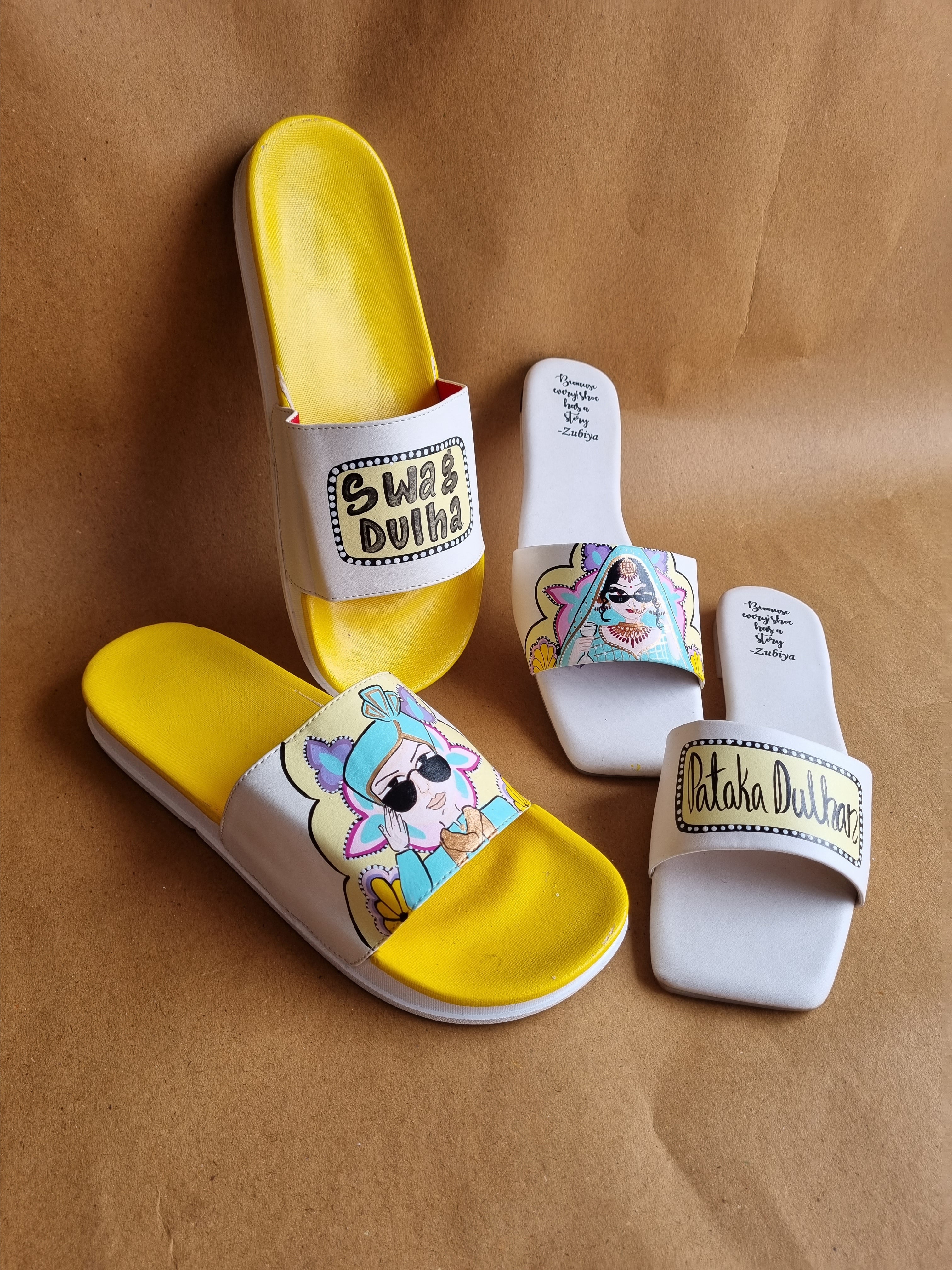 White- yellow Sliders swag couple flats combo