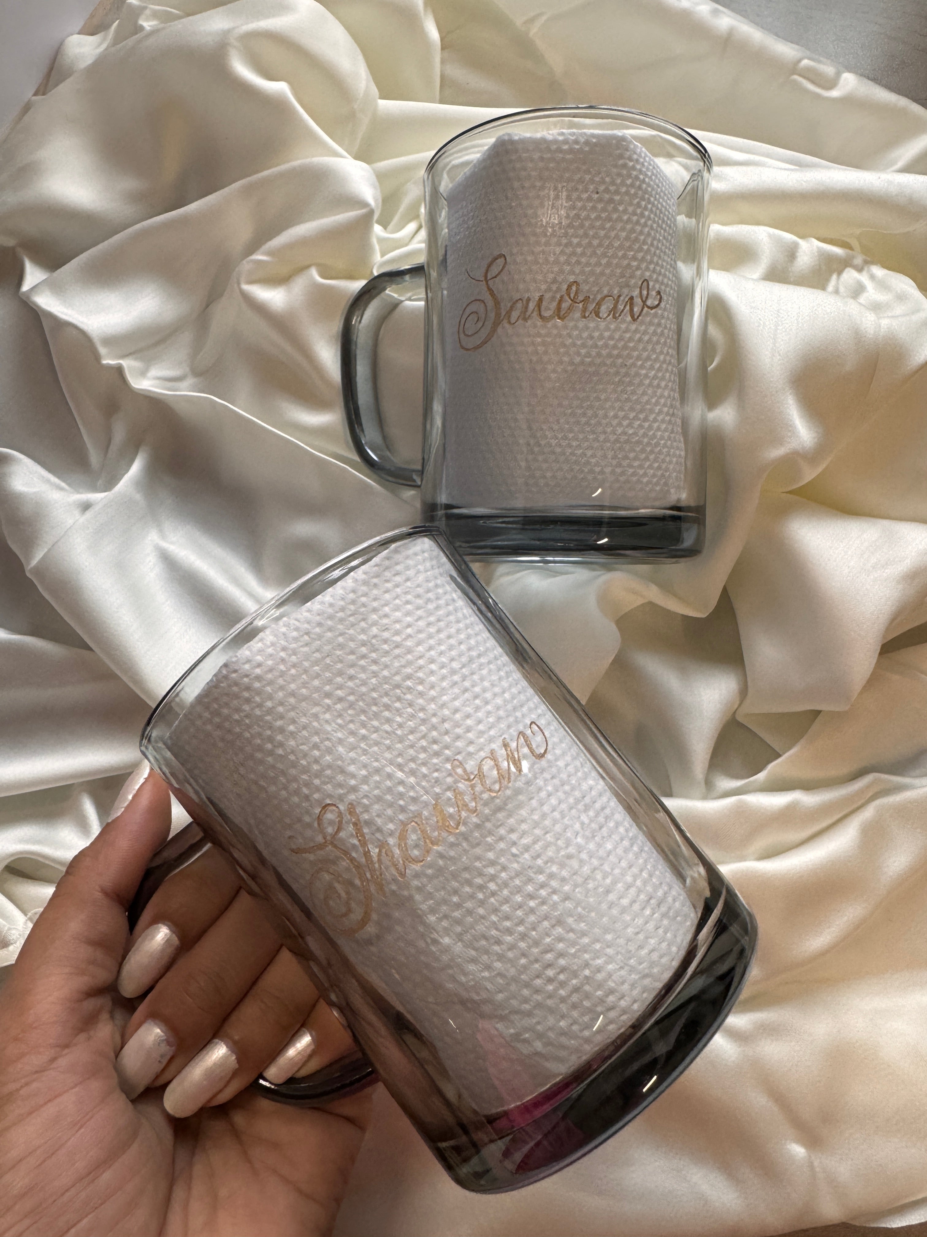 Black Engraved name tea mugs set of 2