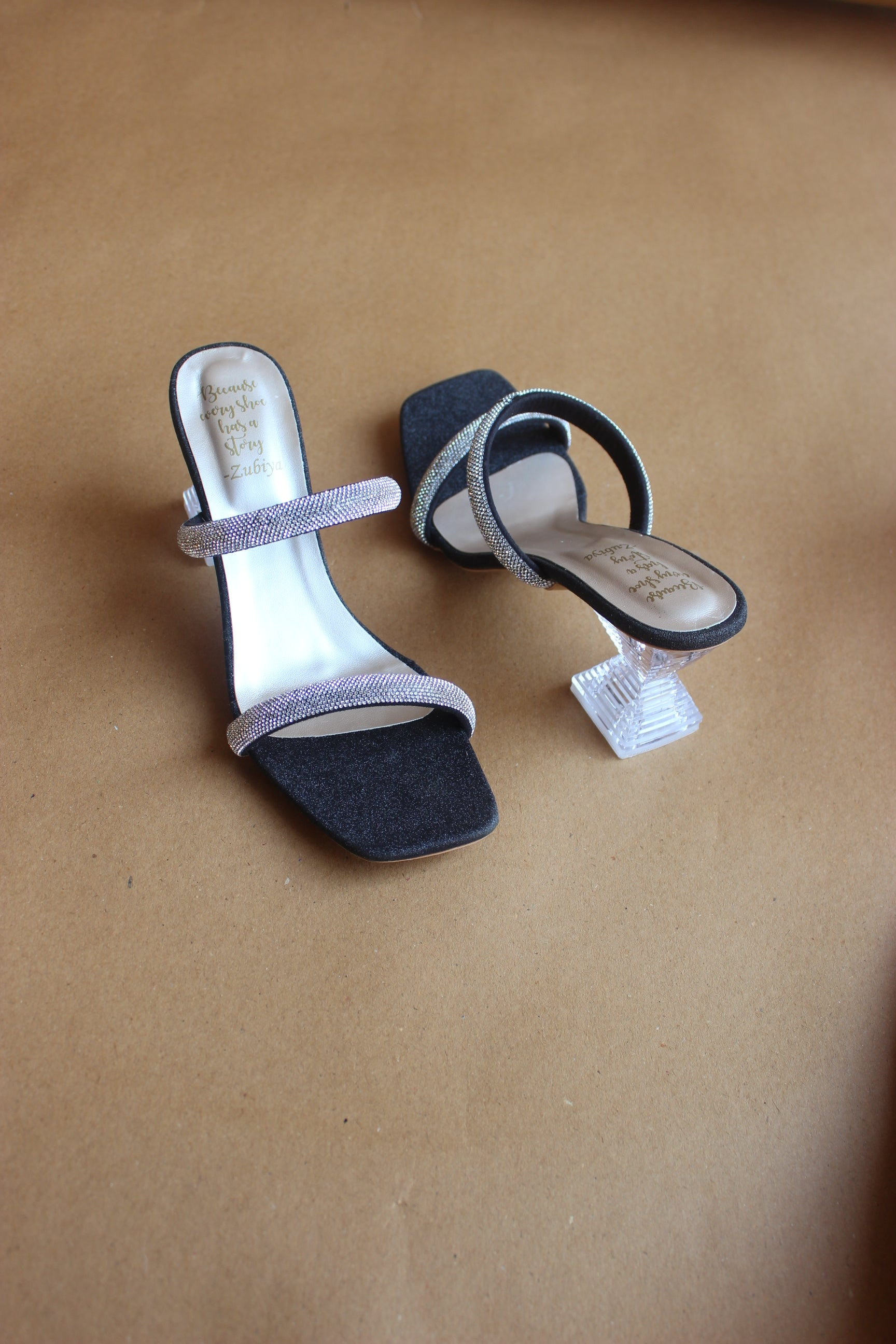 Black double strappy crystal heel