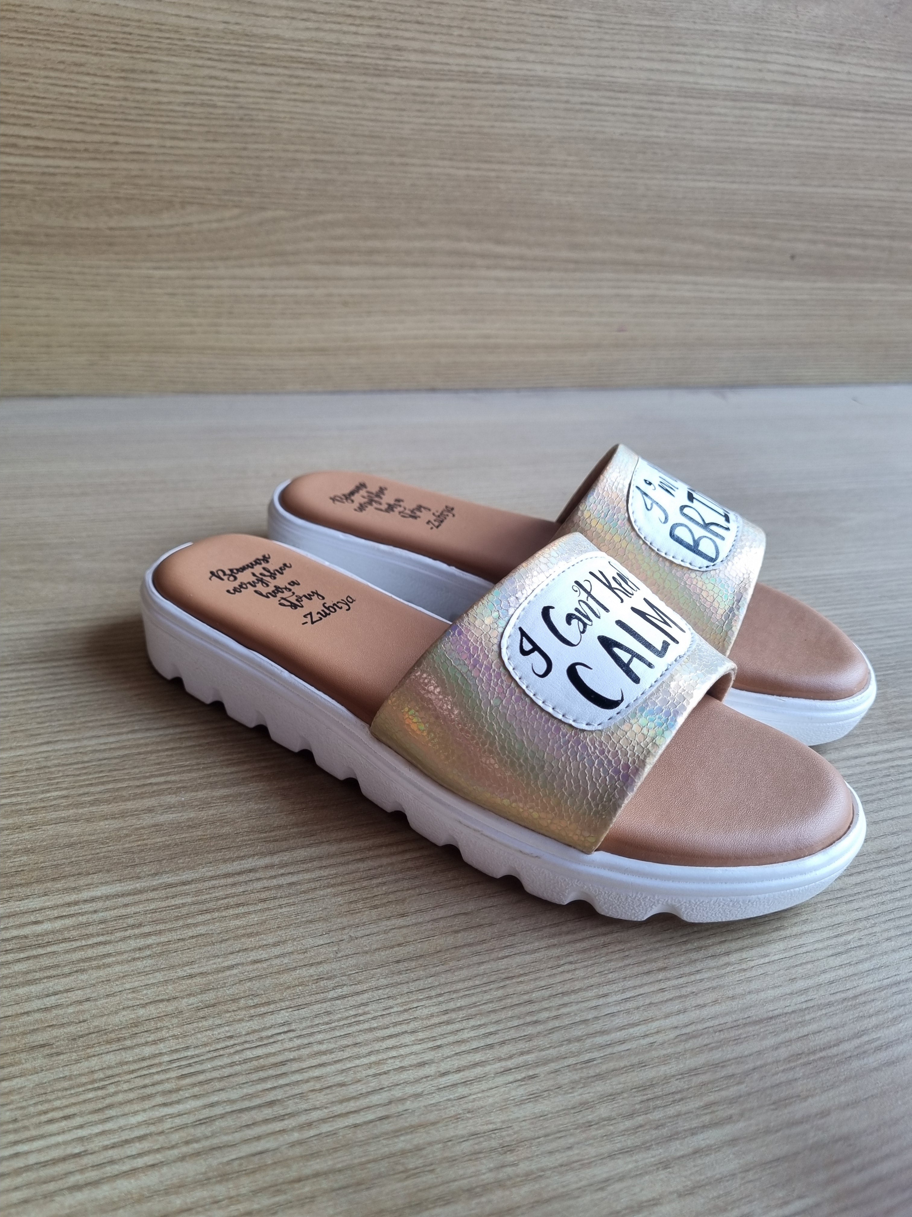 I Cant Keep Calm (golden white sole Slides)