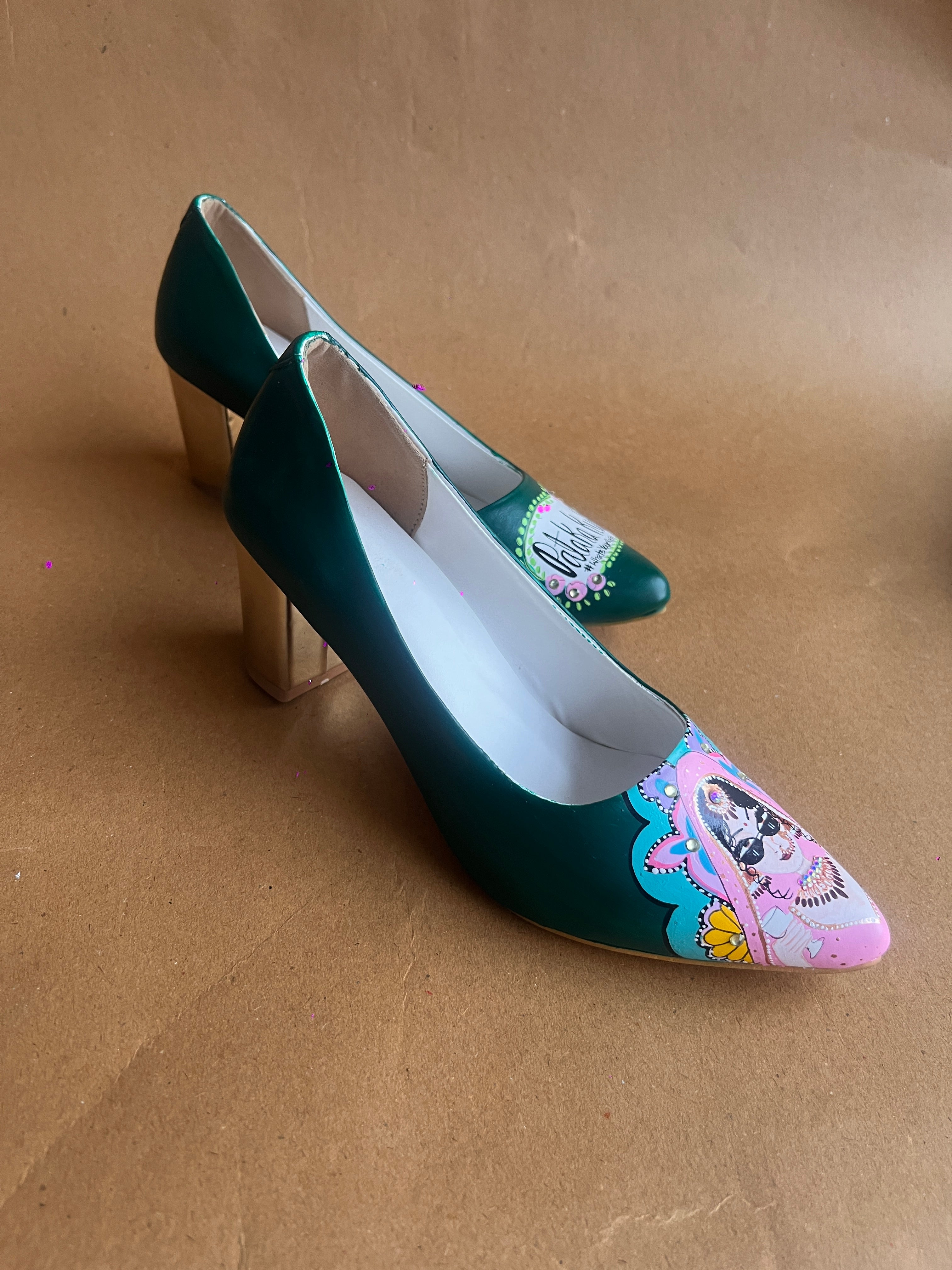 Emerald green Dulhan Artwork block 3.5 Inch pump Heels