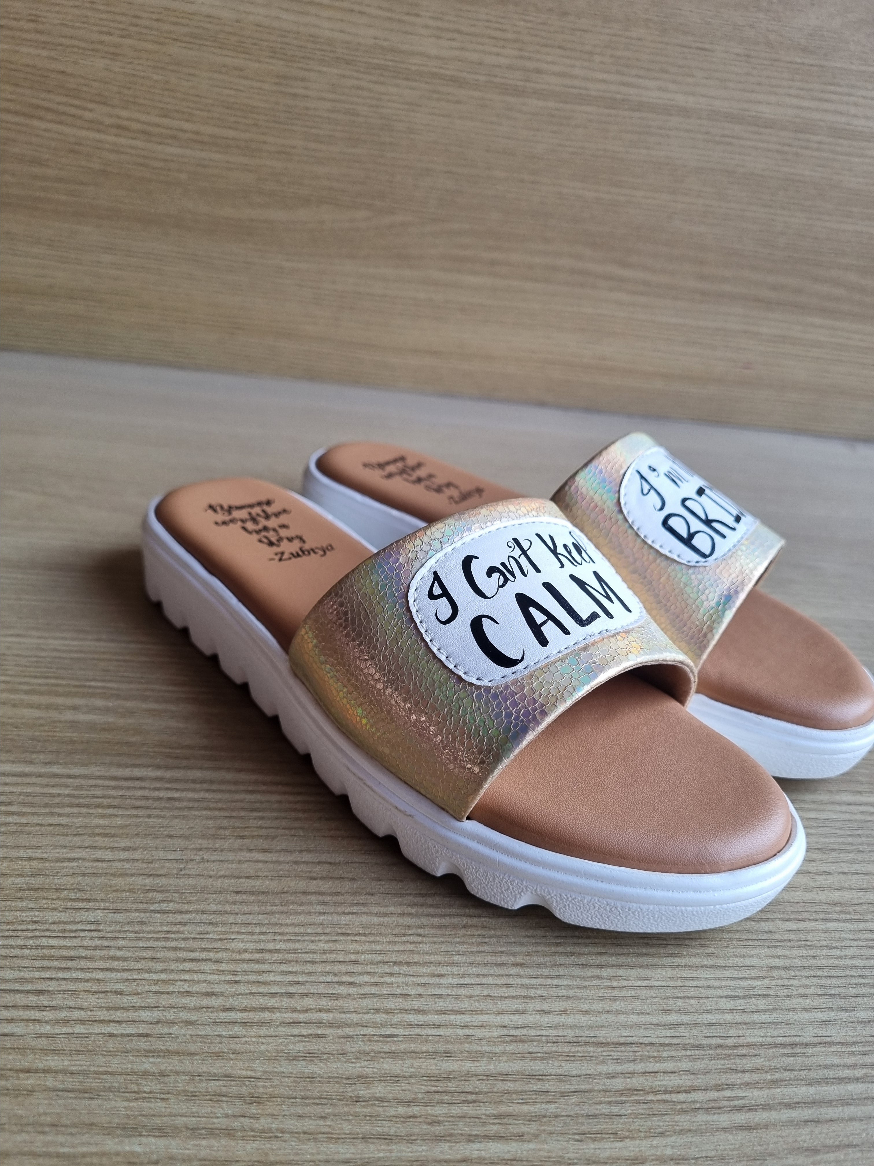 I Cant Keep Calm (golden white sole Slides)
