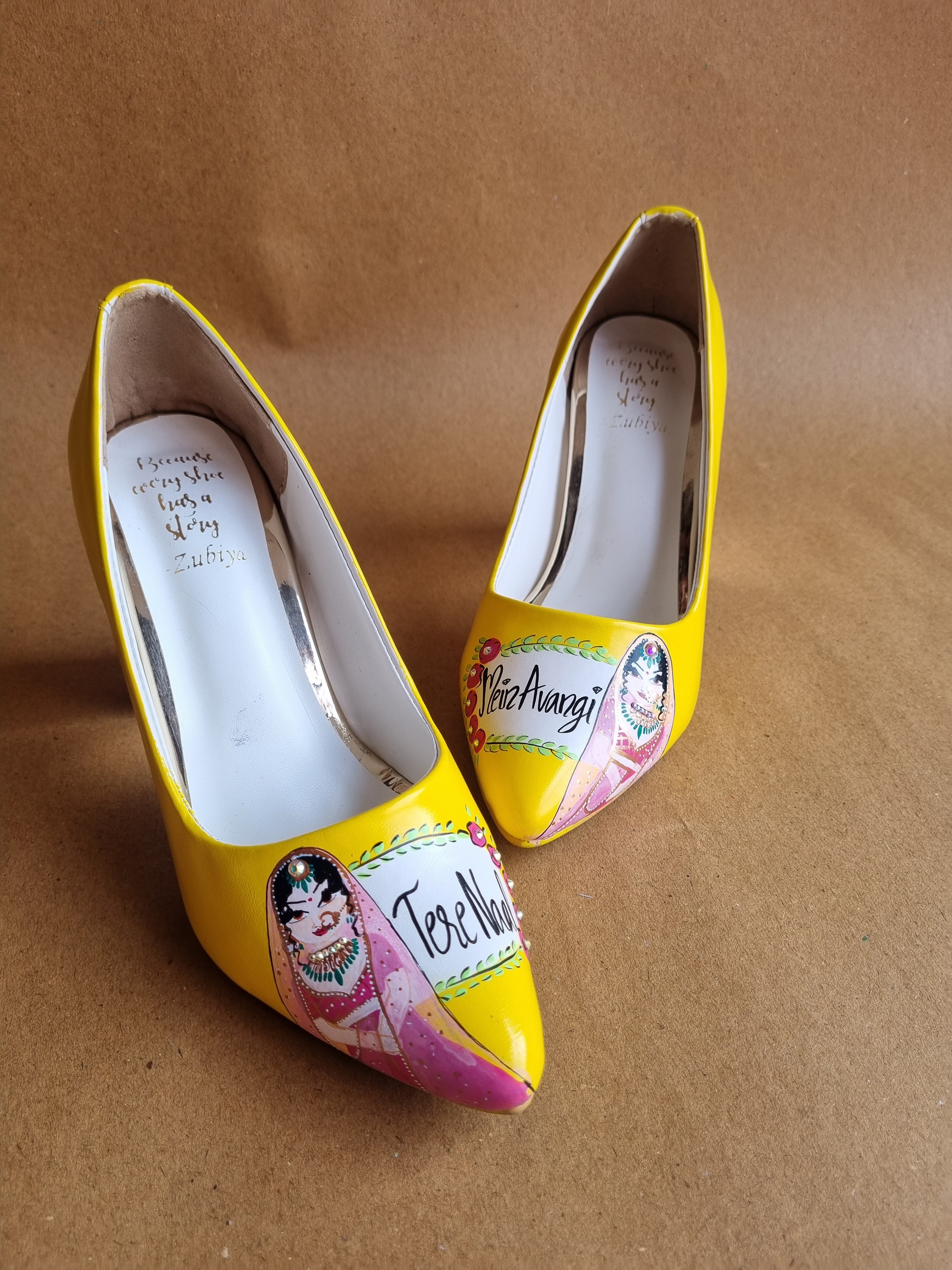 Yellow both side Dulhan Artwork block 3.5 Inch pump Heels