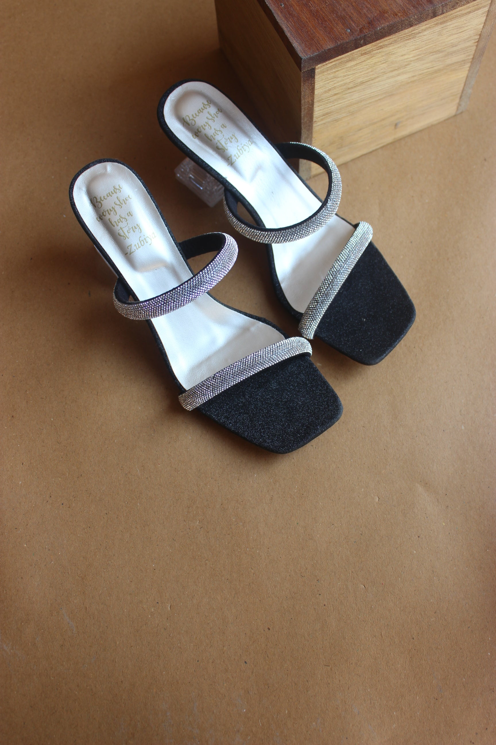 Black double strappy crystal heel