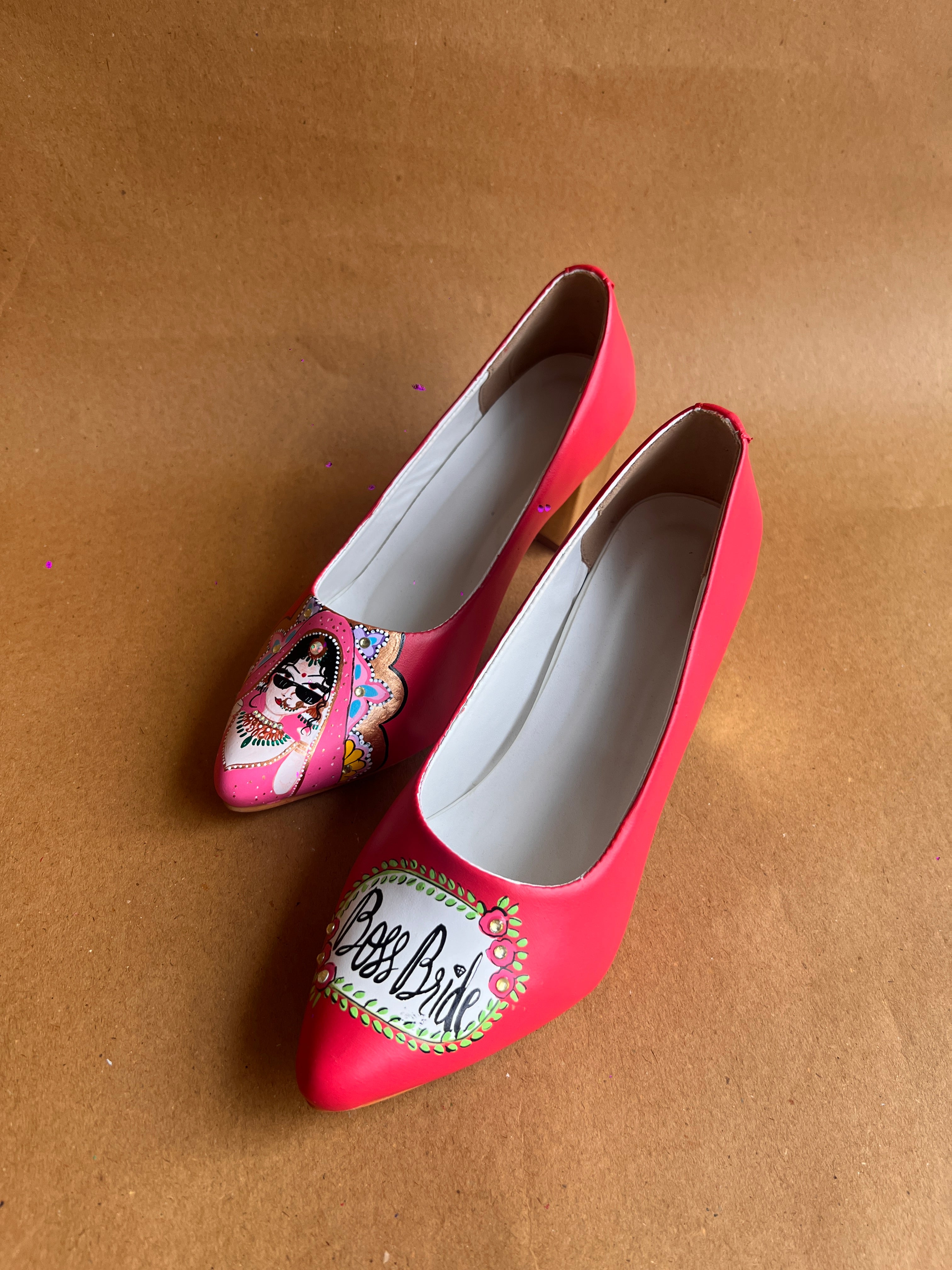 Coral red  Dulhan Artwork block 3.5 Inch pump Heels