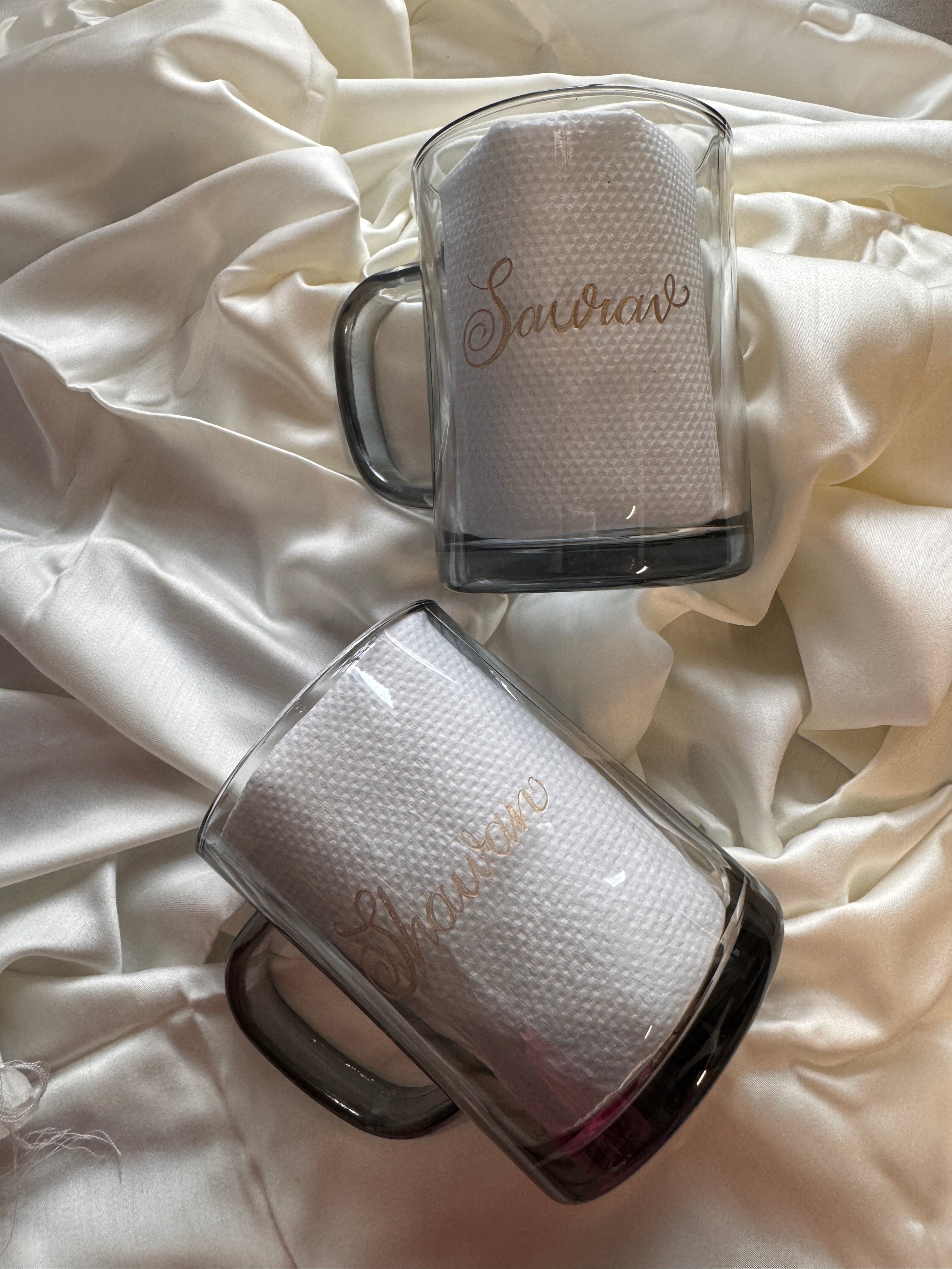 Black Engraved name tea mugs set of 2