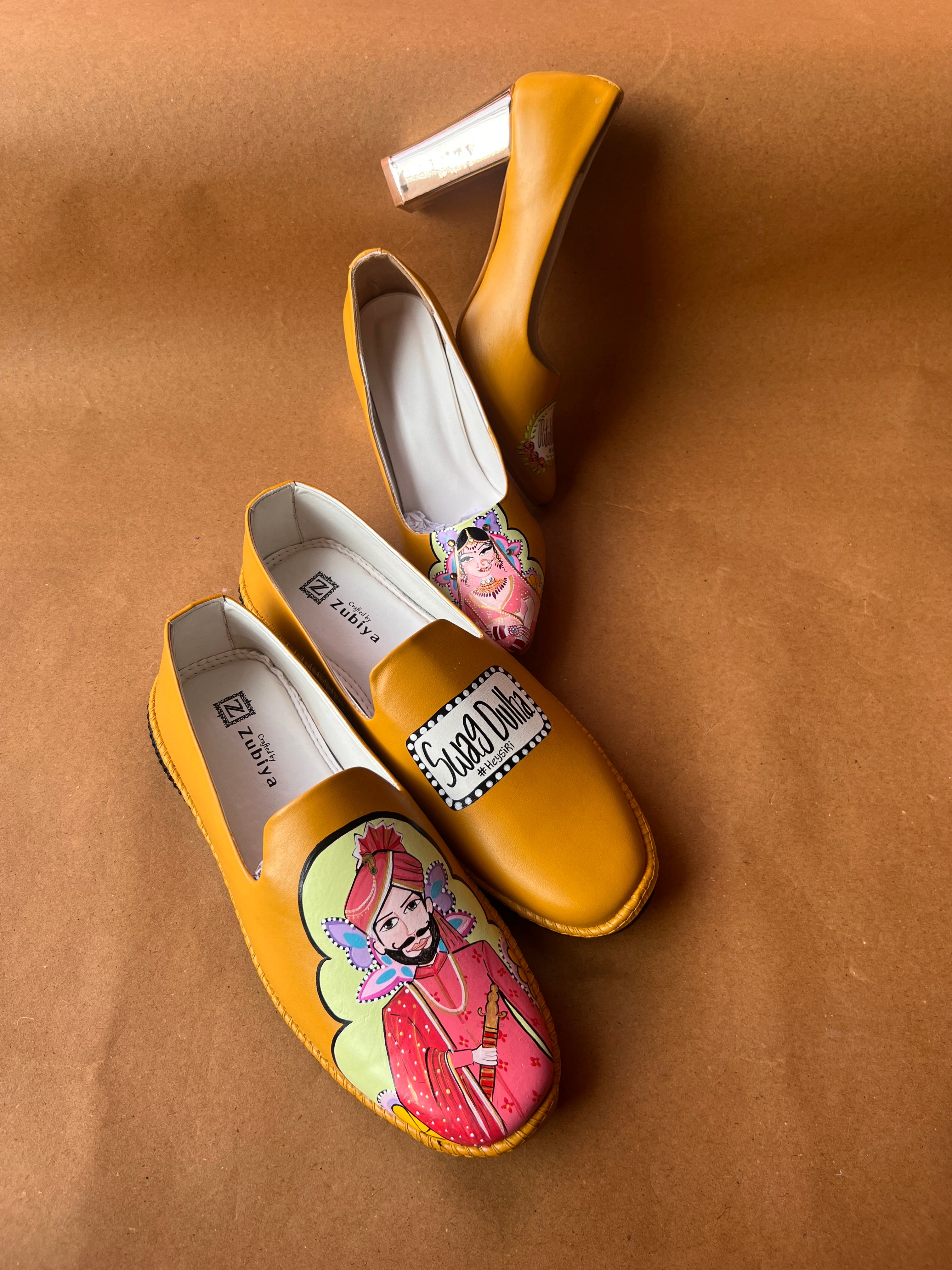 Mustard yellow men’s Mojris - 3.5 inch block heel couple combo