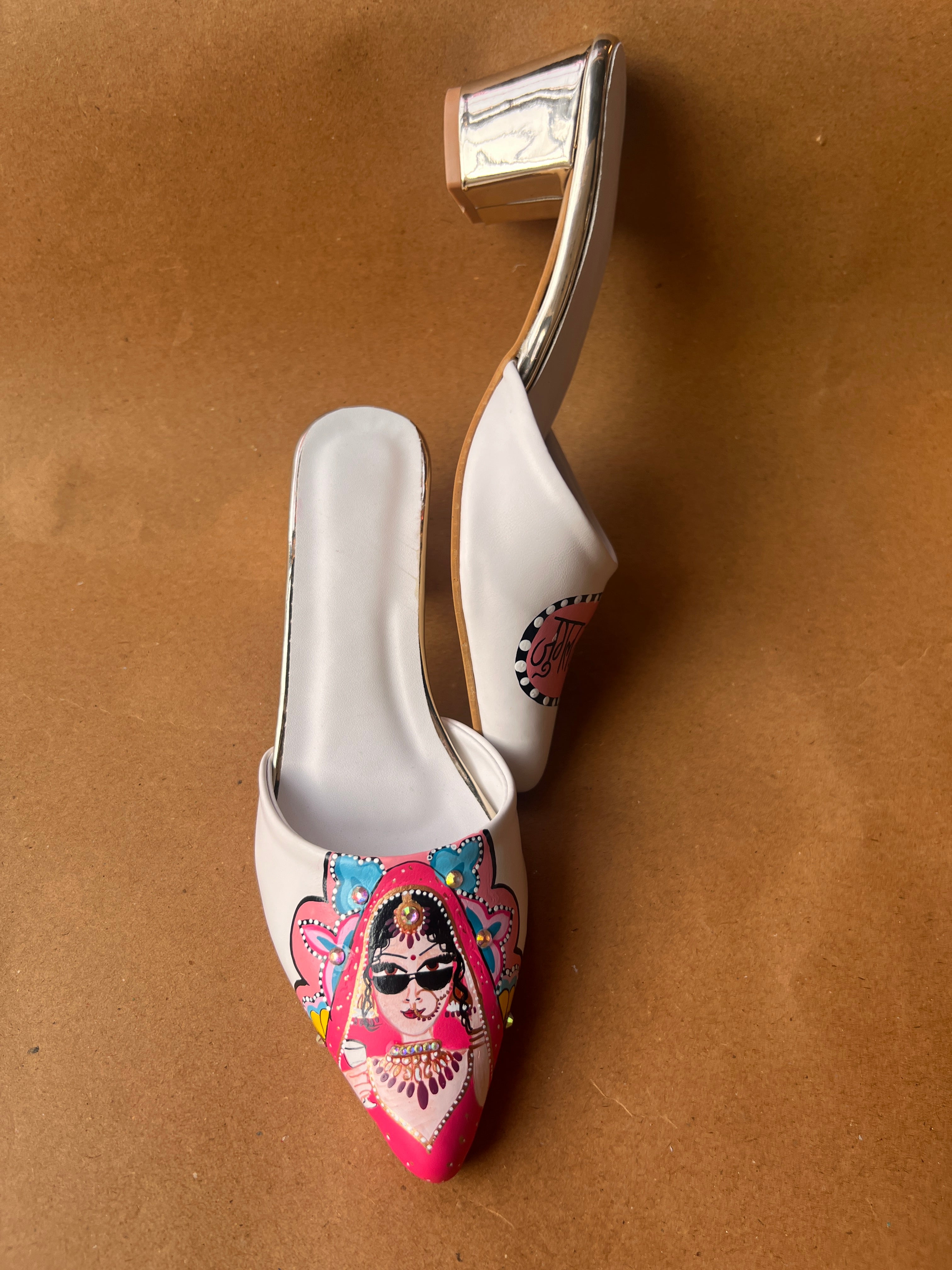 White pink 2 inch swag bride mules