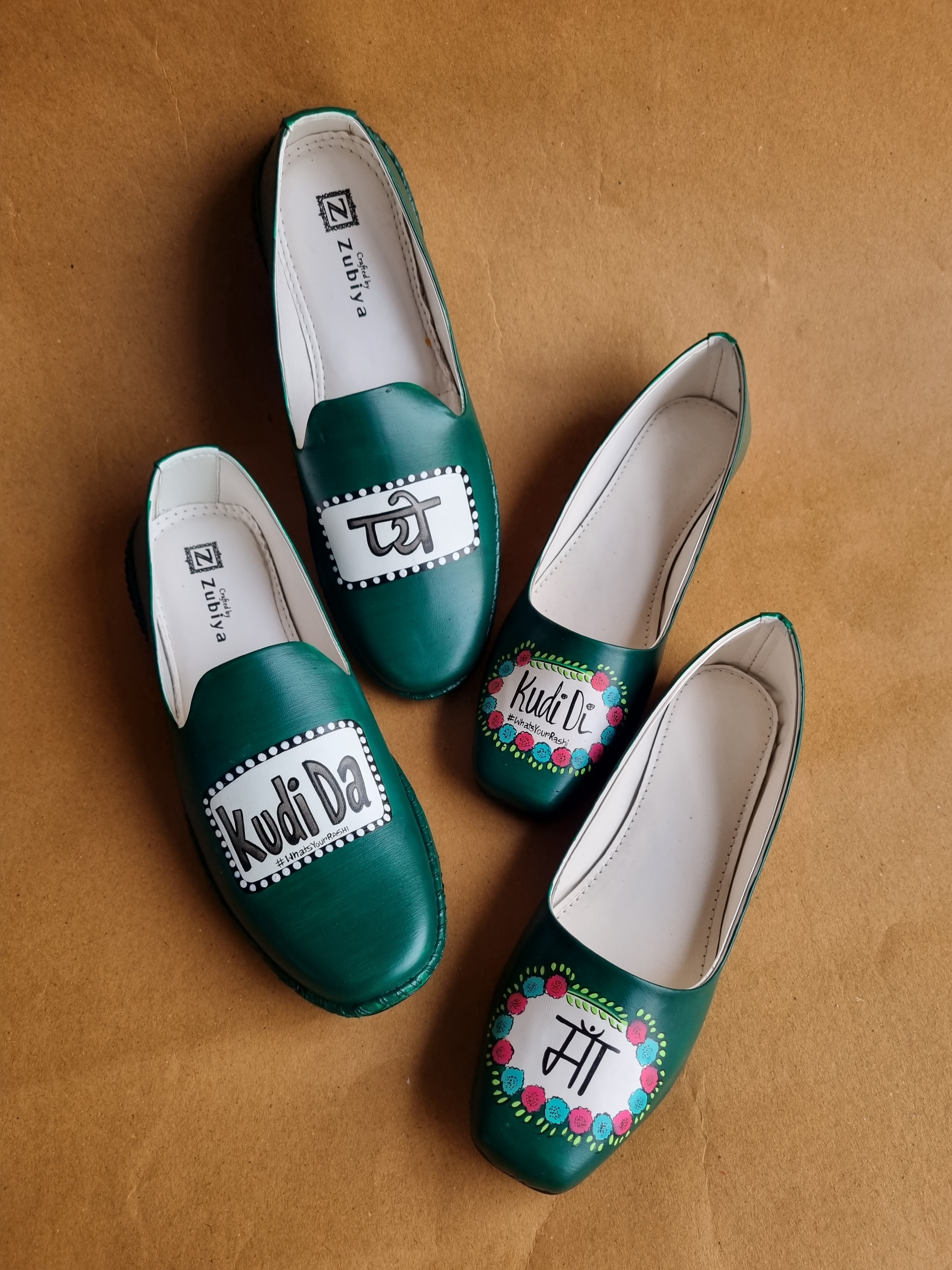 Pyo-ma Emerald green juttis-mojri plain couple combo