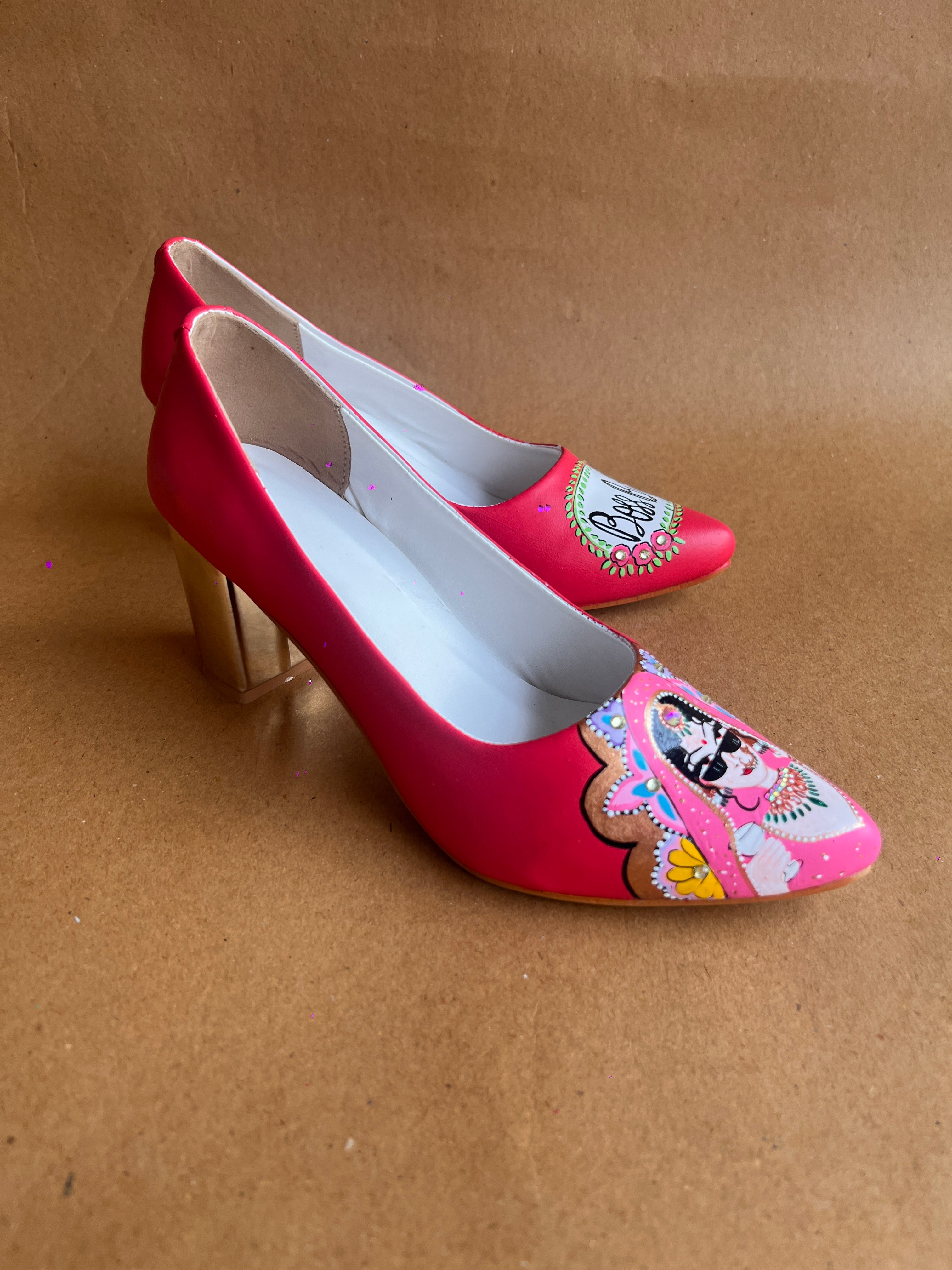 Coral red  Dulhan Artwork block 3.5 Inch pump Heels