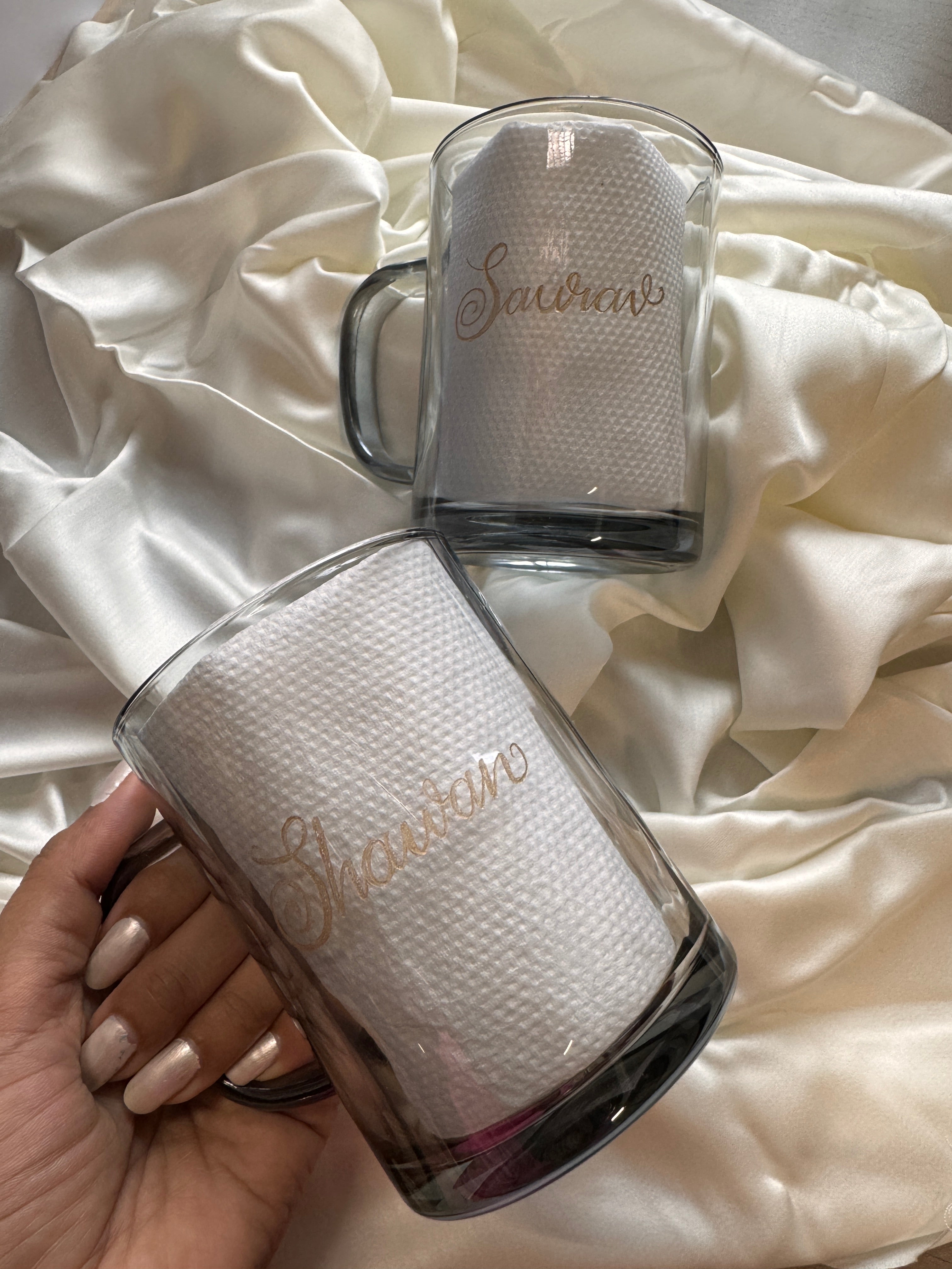 Black Engraved name tea mugs set of 2