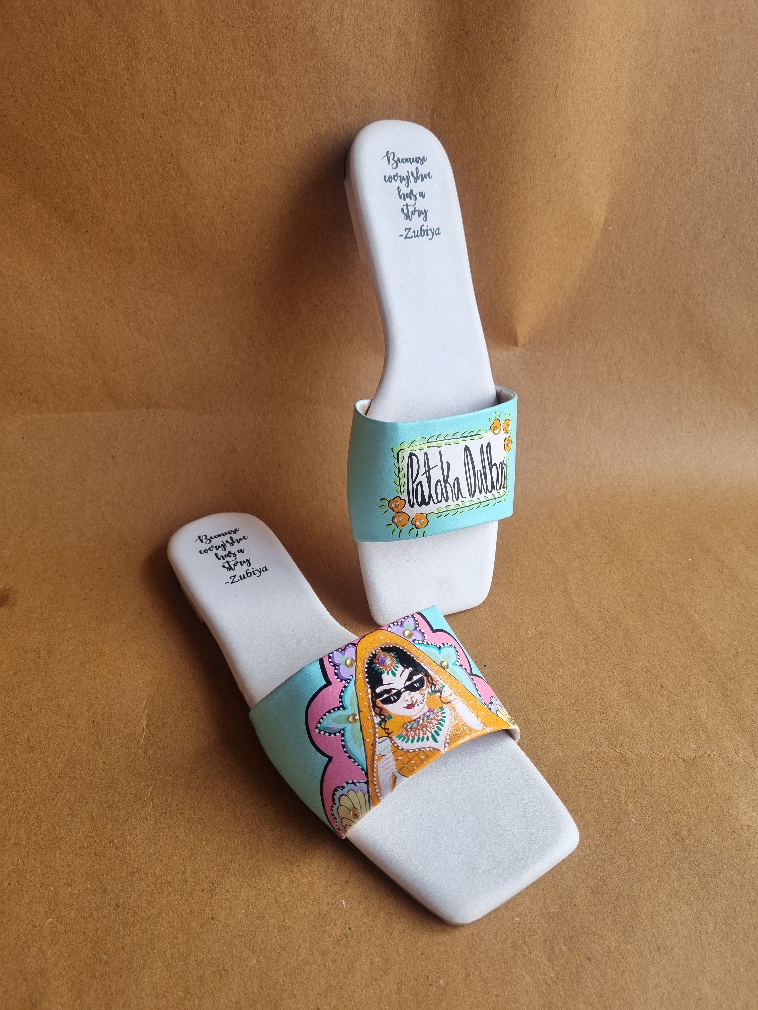 Ice blue sq. toe swagger slides