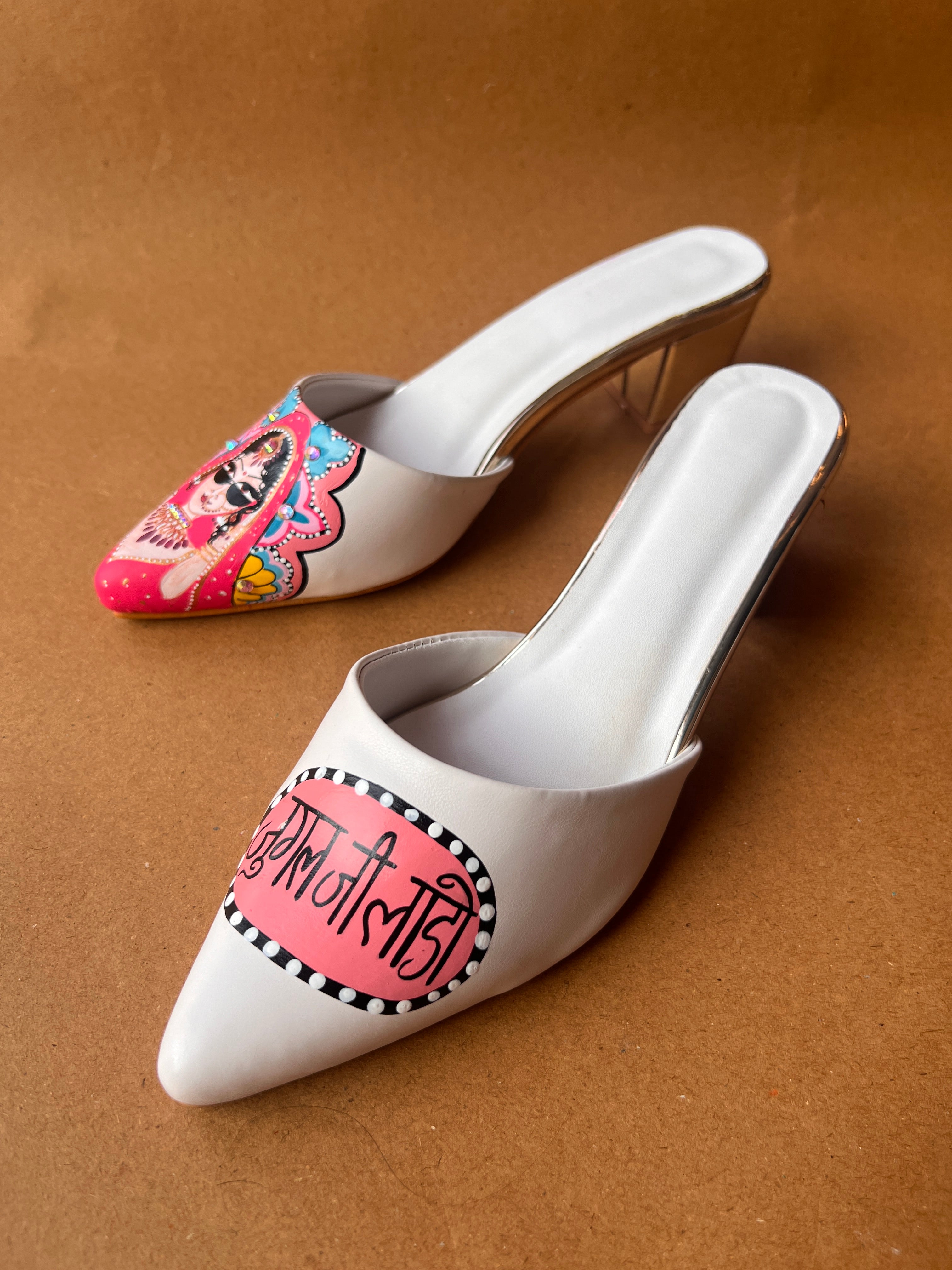 White pink 2 inch swag bride mules