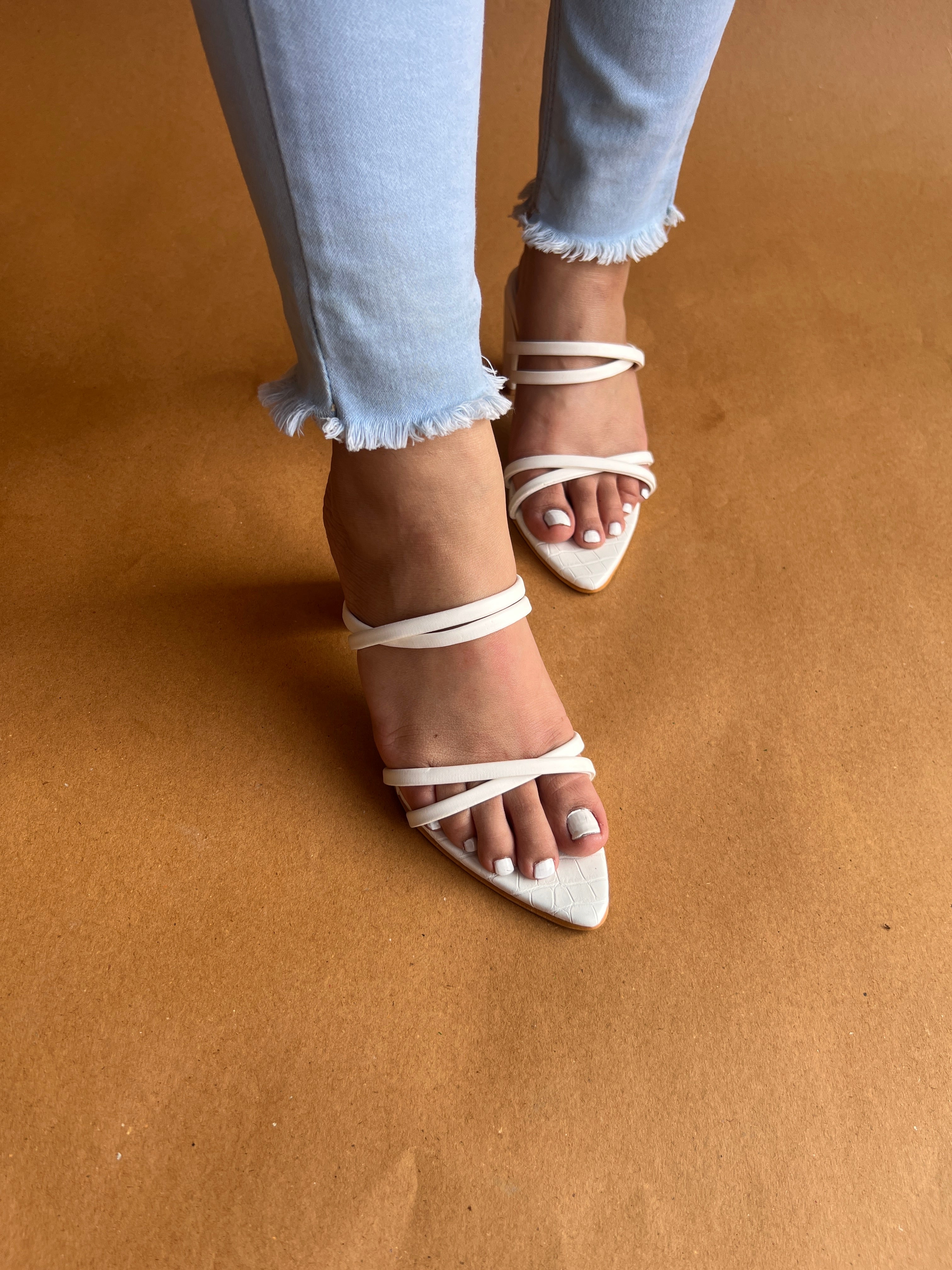 White pointed strappy heel