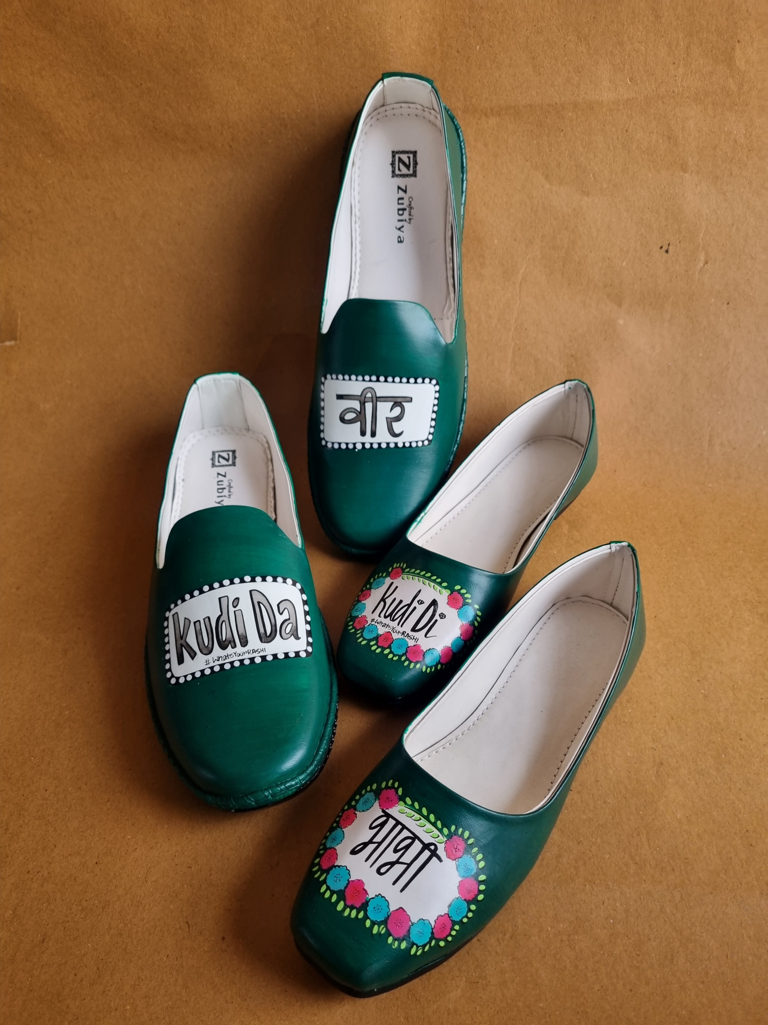 Veer- bhabhi Emerald green juttis-mojri plain couple combo