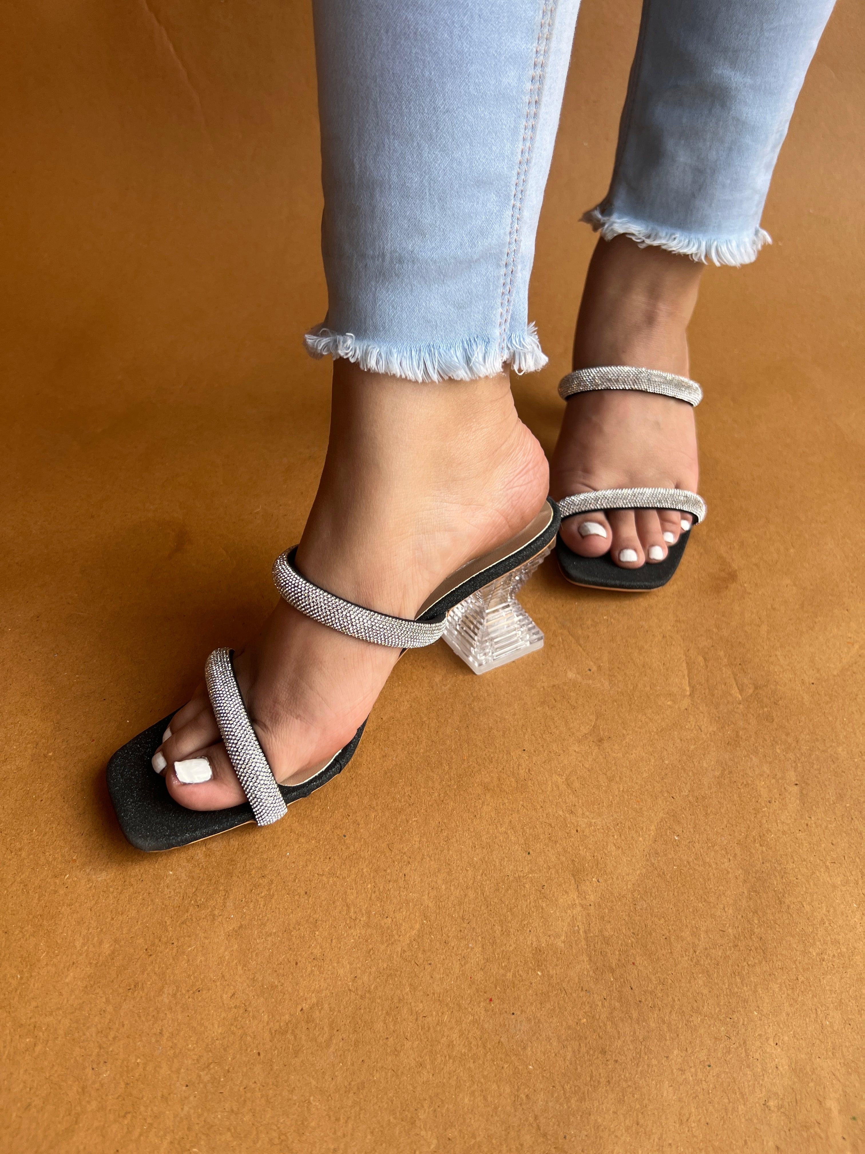 Black double strappy crystal heel