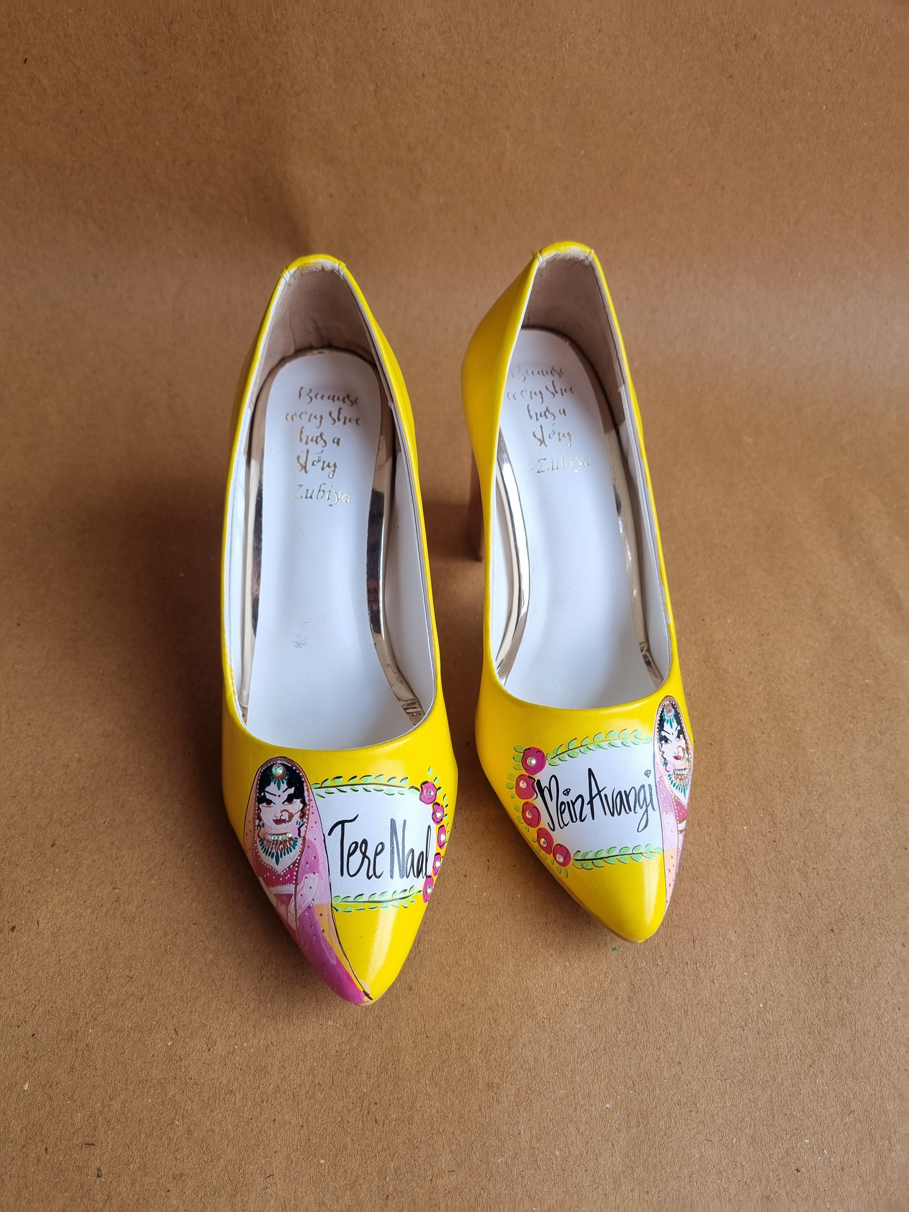 Yellow both side Dulhan Artwork block 3.5 Inch pump Heels