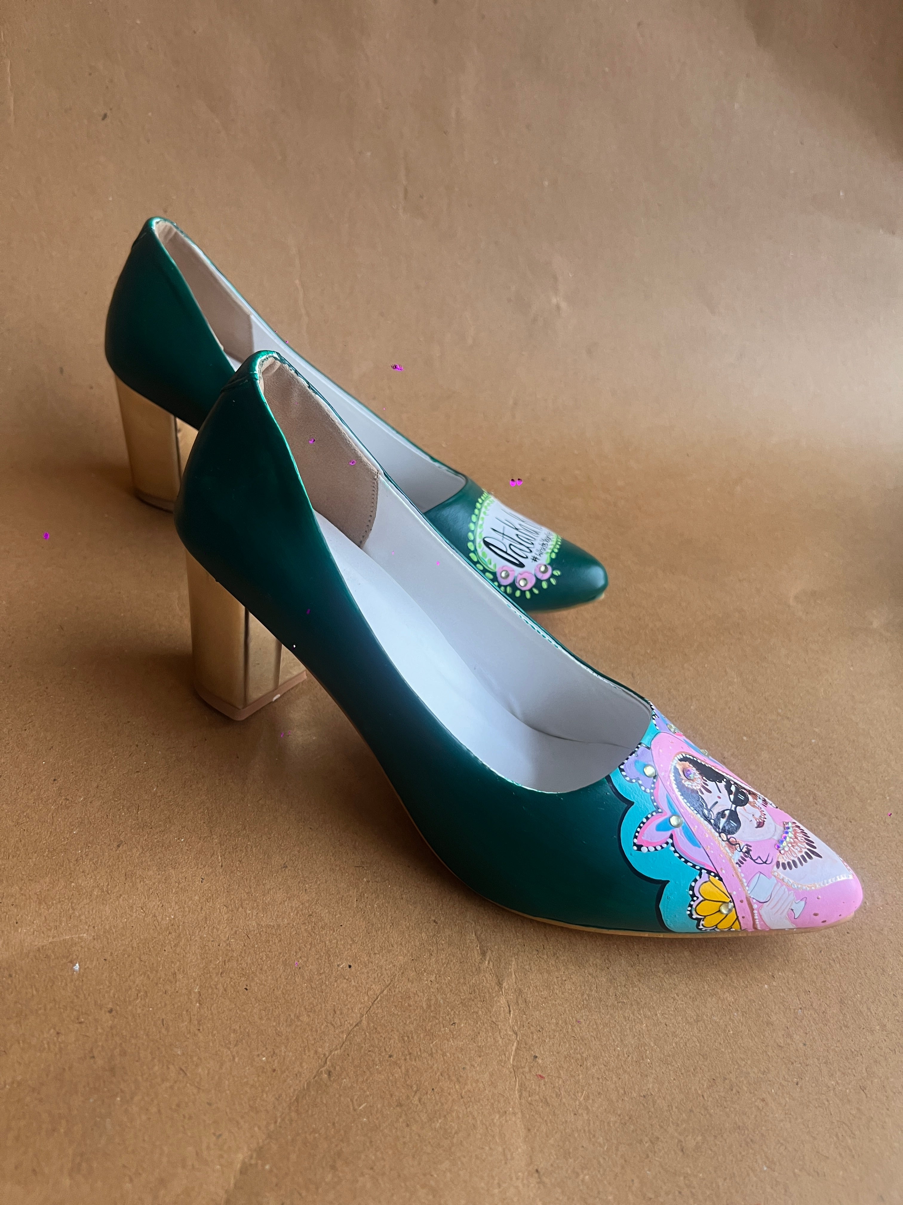Emerald green Dulhan Artwork block 3.5 Inch pump Heels
