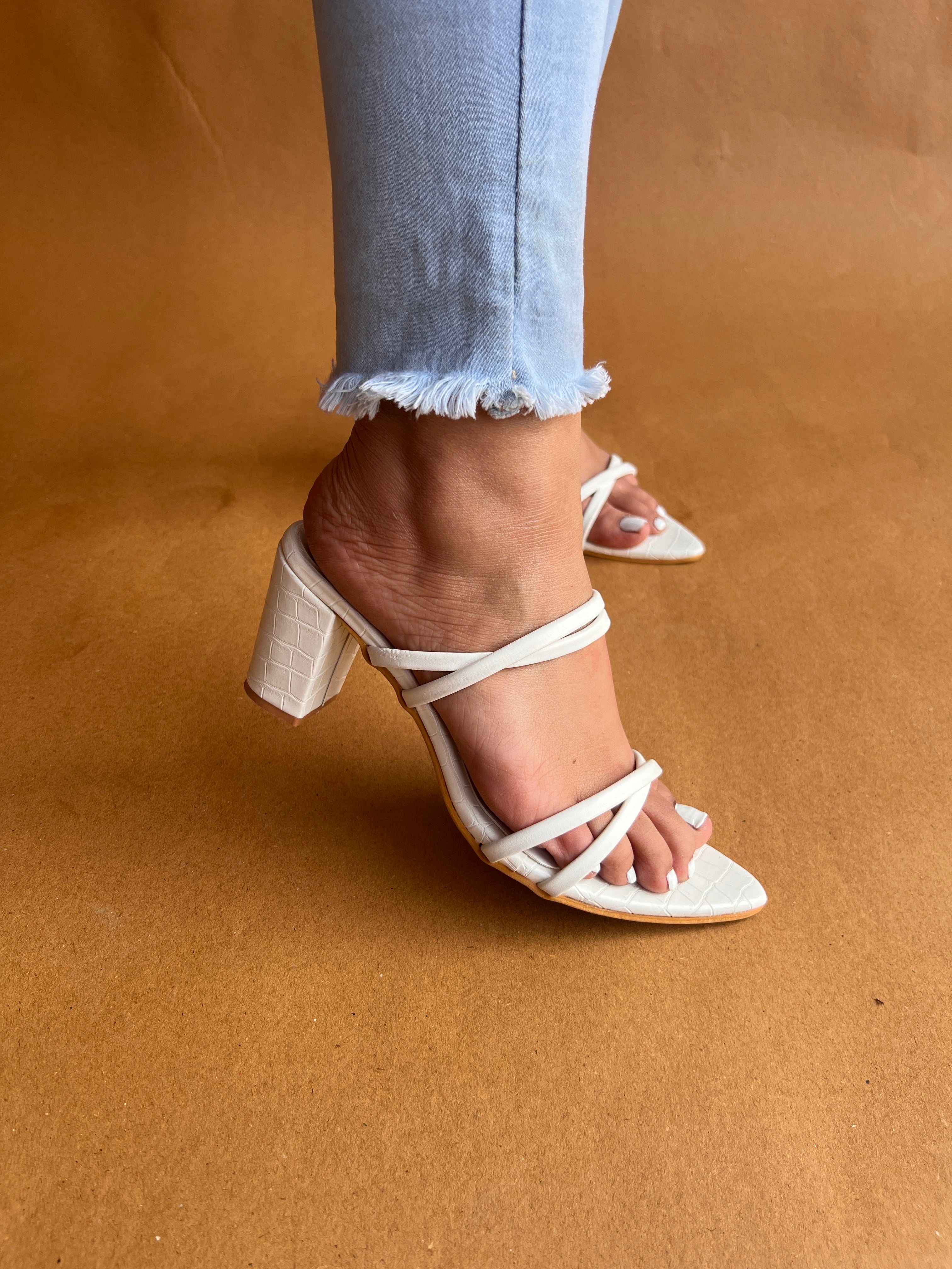 White pointed strappy heel