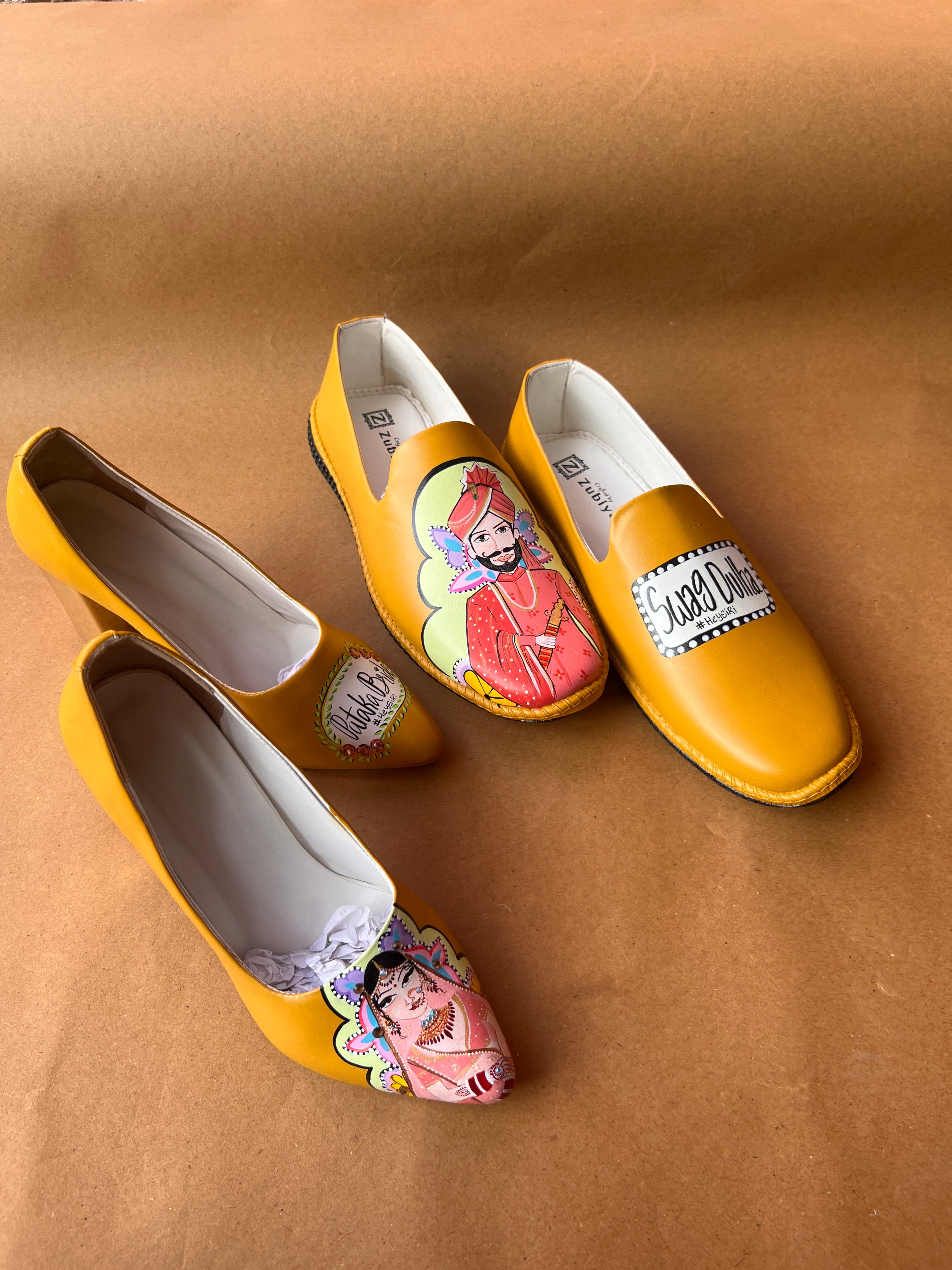 Mustard yellow men’s Mojris - 3.5 inch block heel couple combo