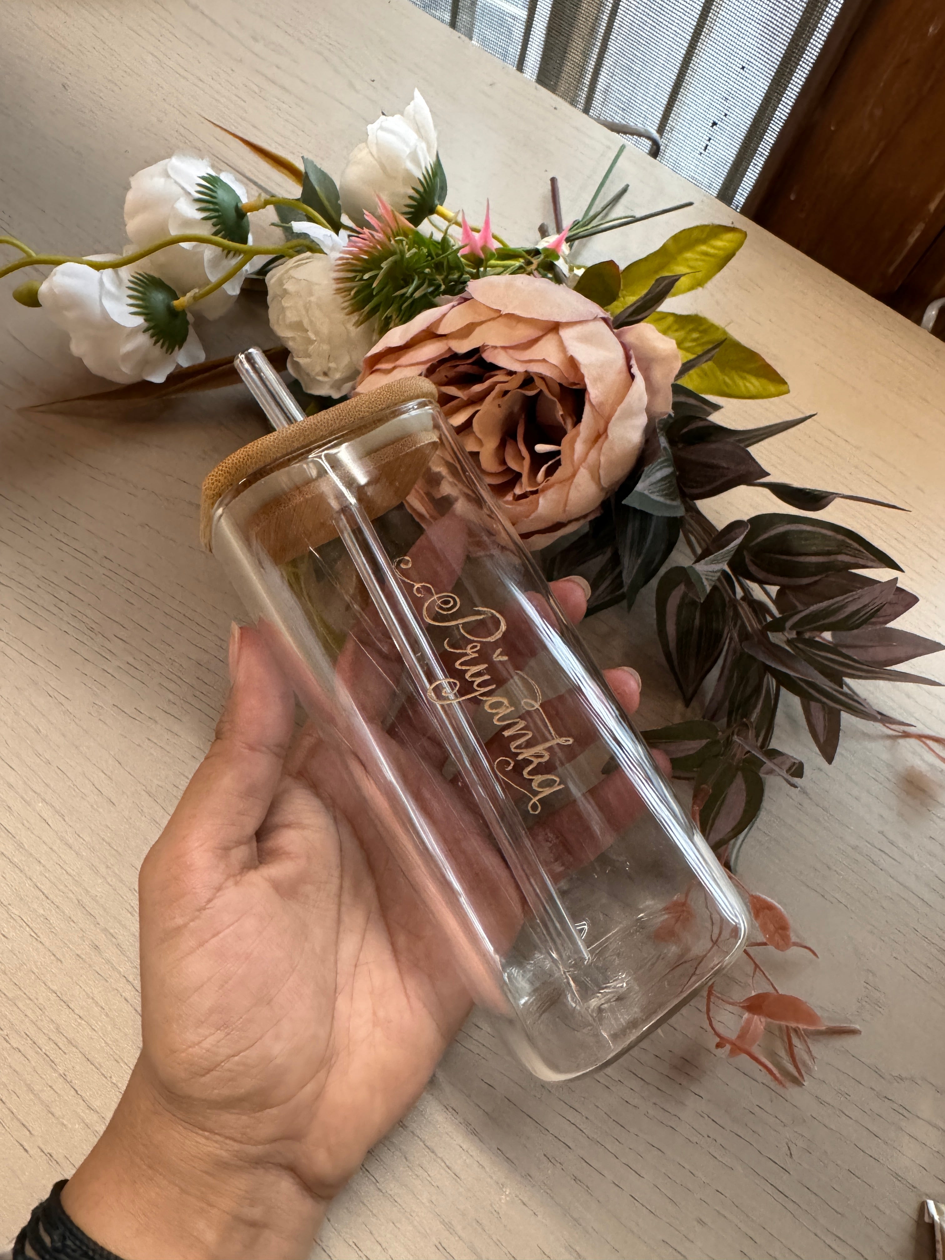 Glass sipper with glass straw Engraved name