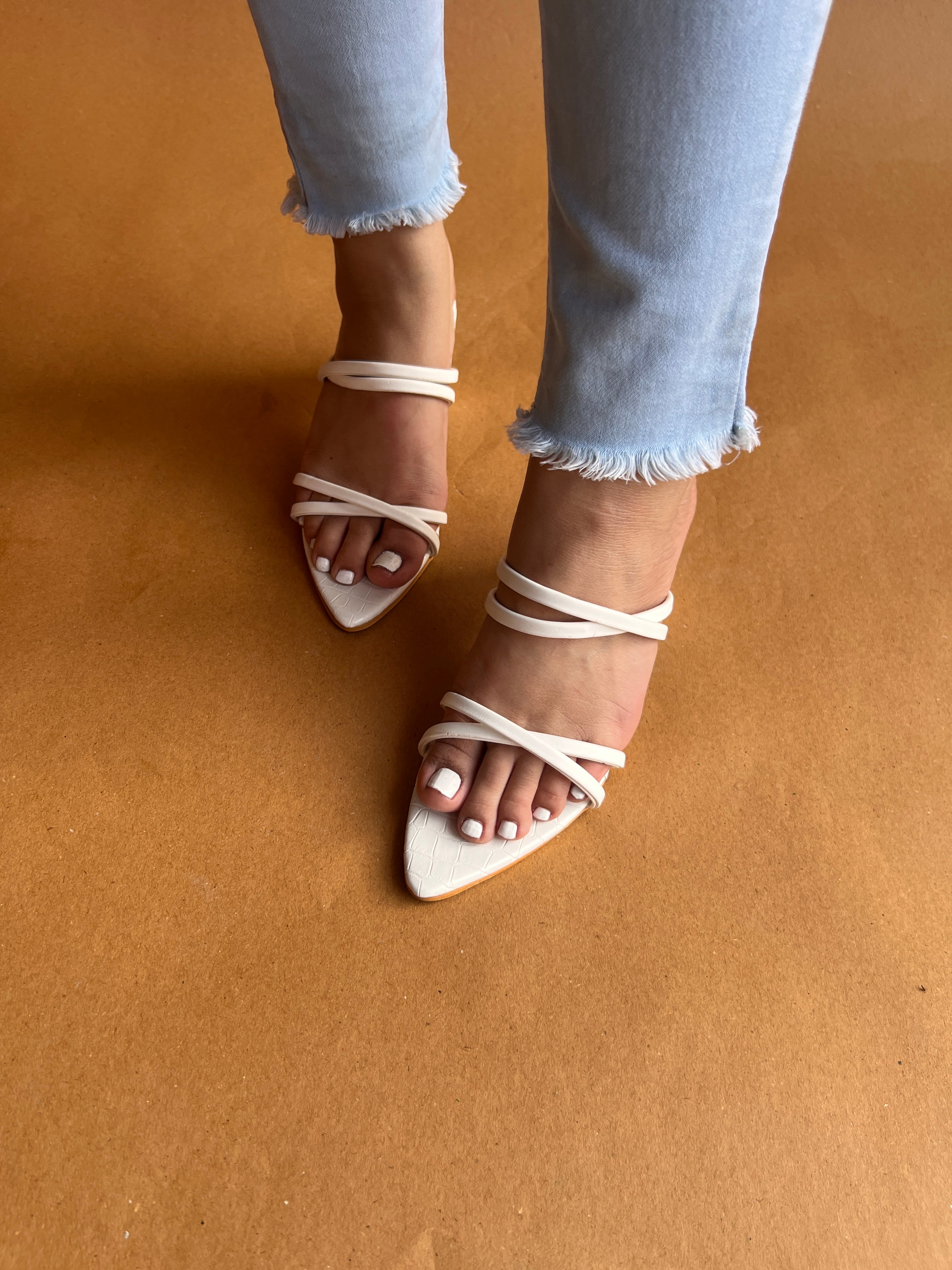 White pointed strappy heel