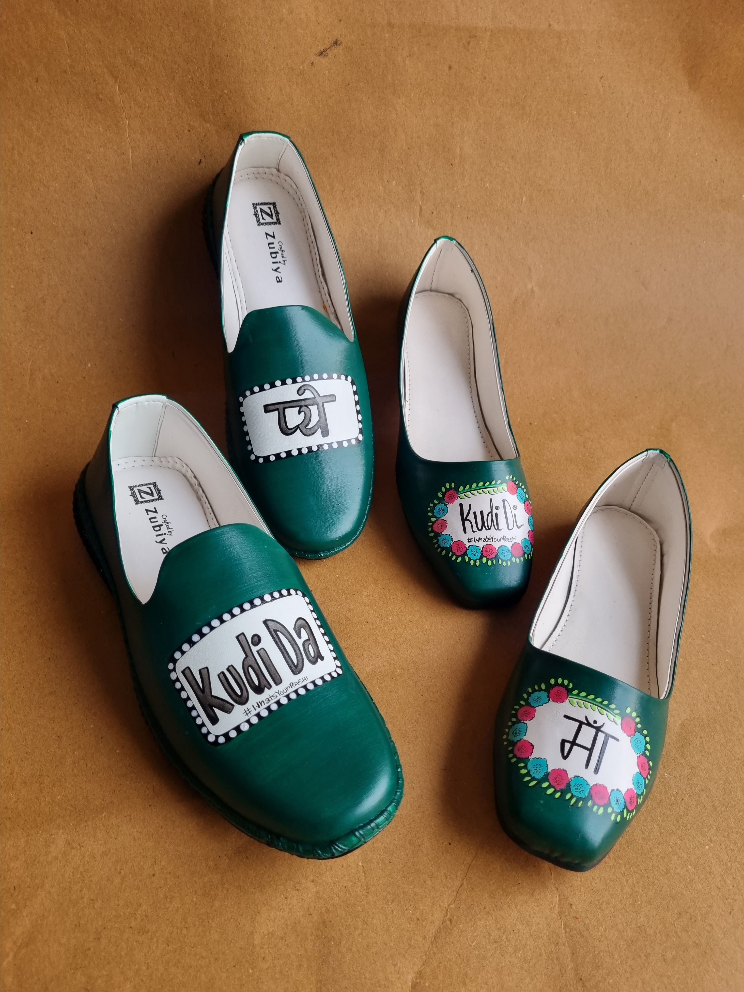 Pyo-ma Emerald green juttis-mojri plain couple combo