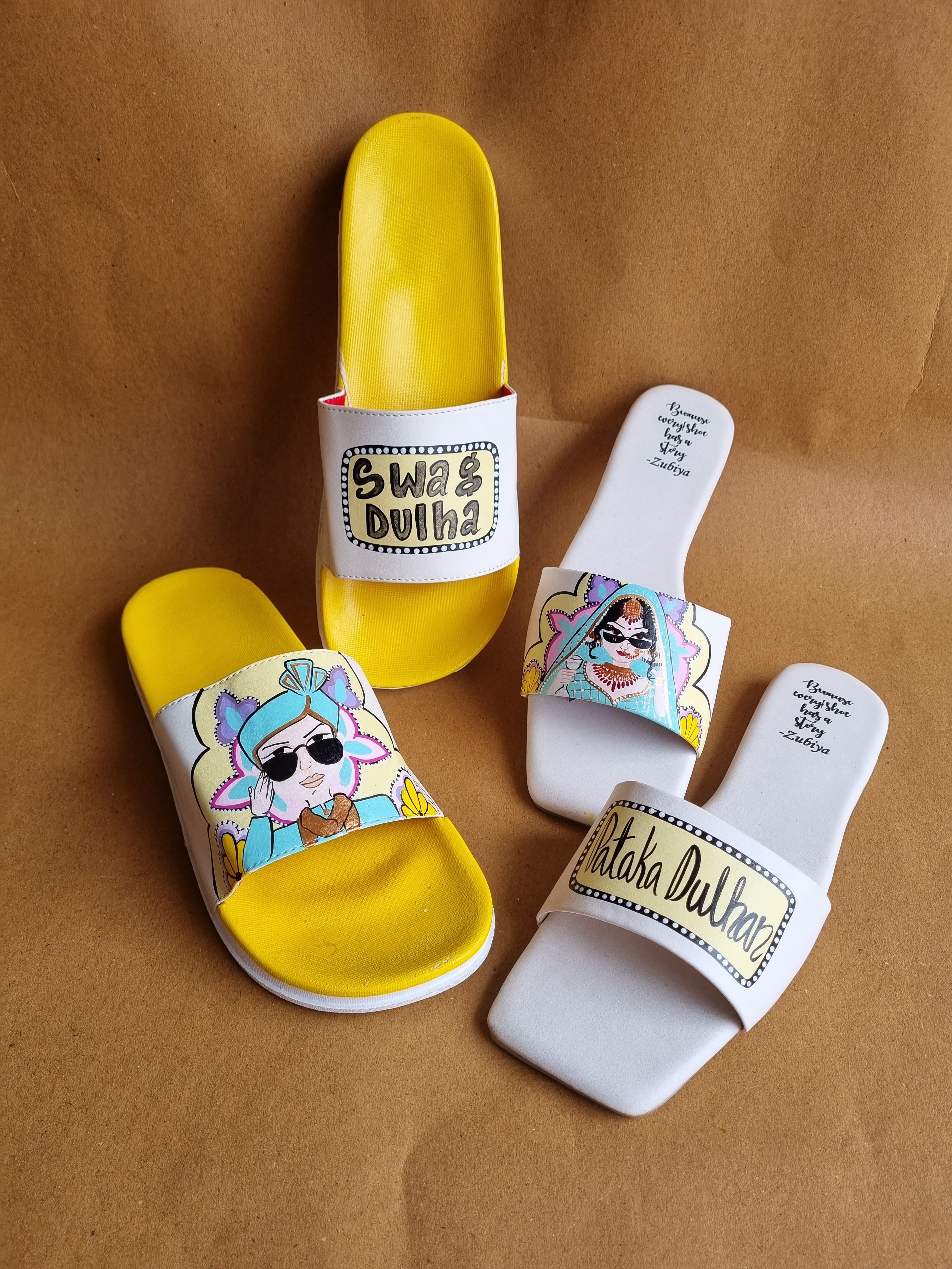 White- yellow Sliders swag couple flats combo