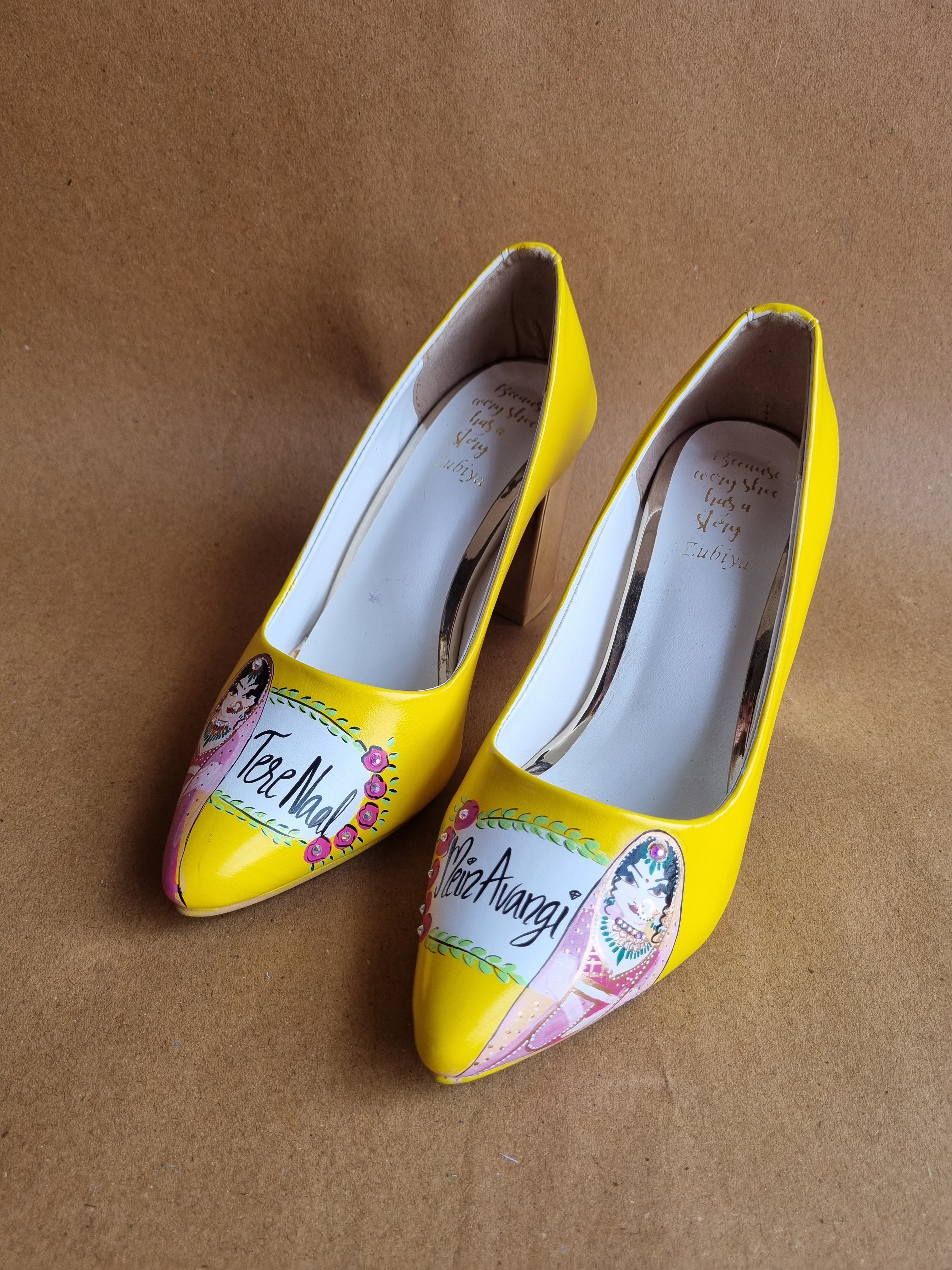 Yellow both side Dulhan Artwork block 3.5 Inch pump Heels