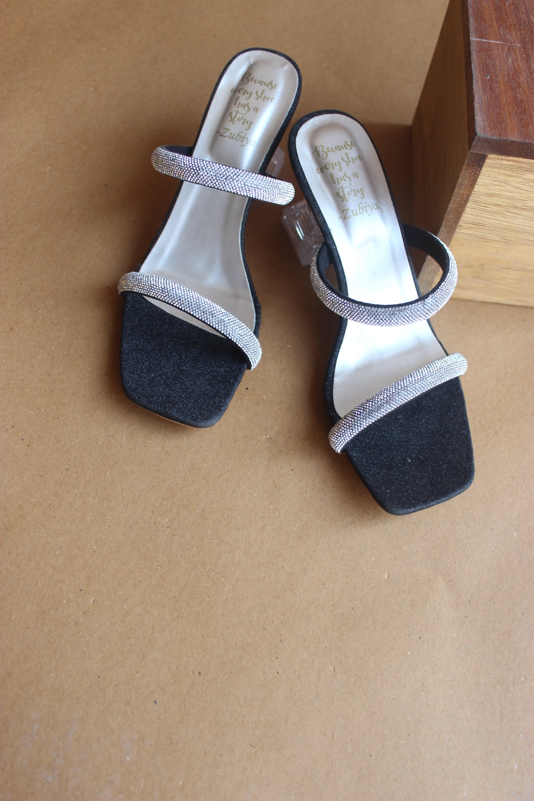 Black double strappy crystal heel