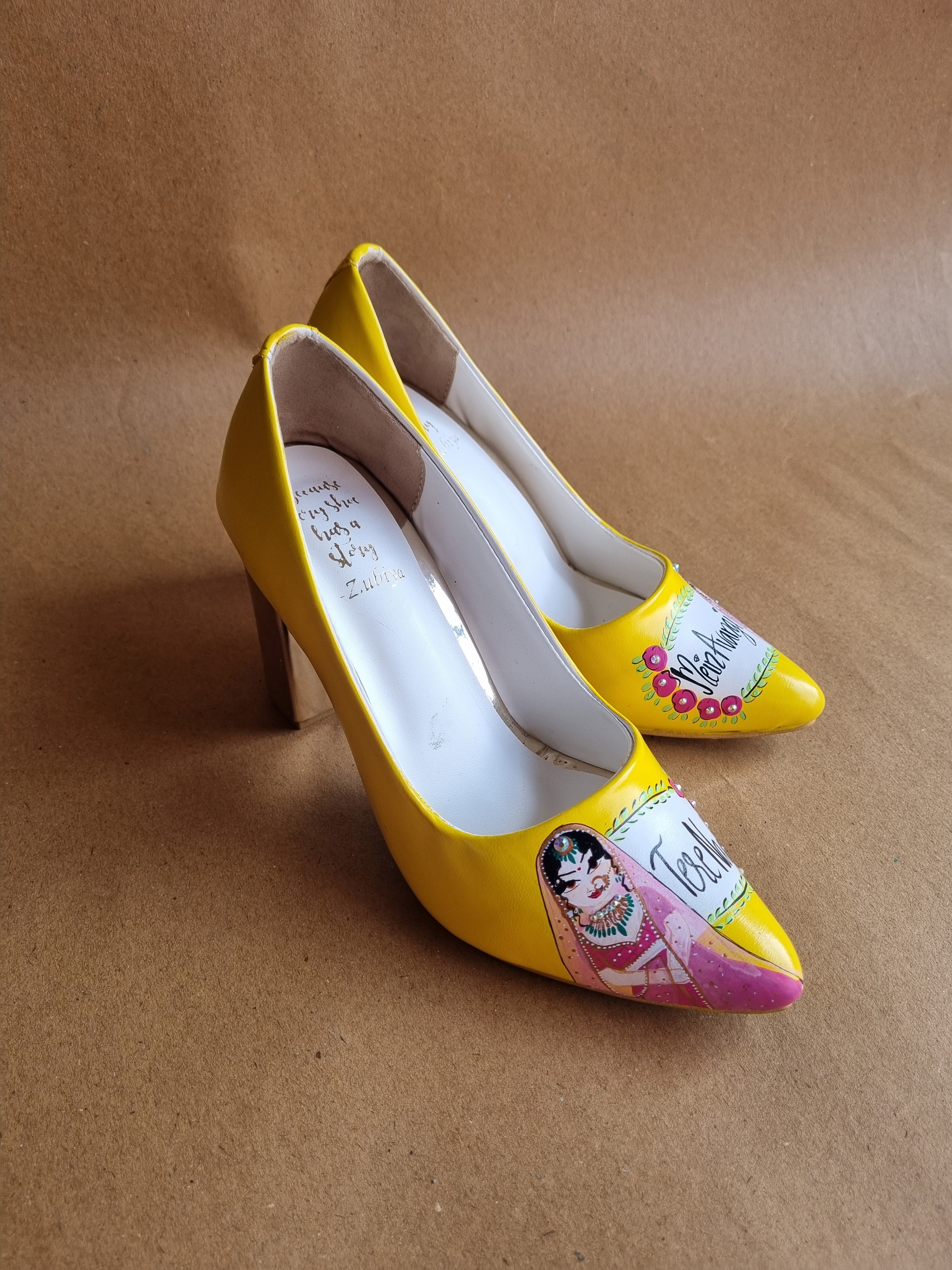 Yellow both side Dulhan Artwork block 3.5 Inch pump Heels