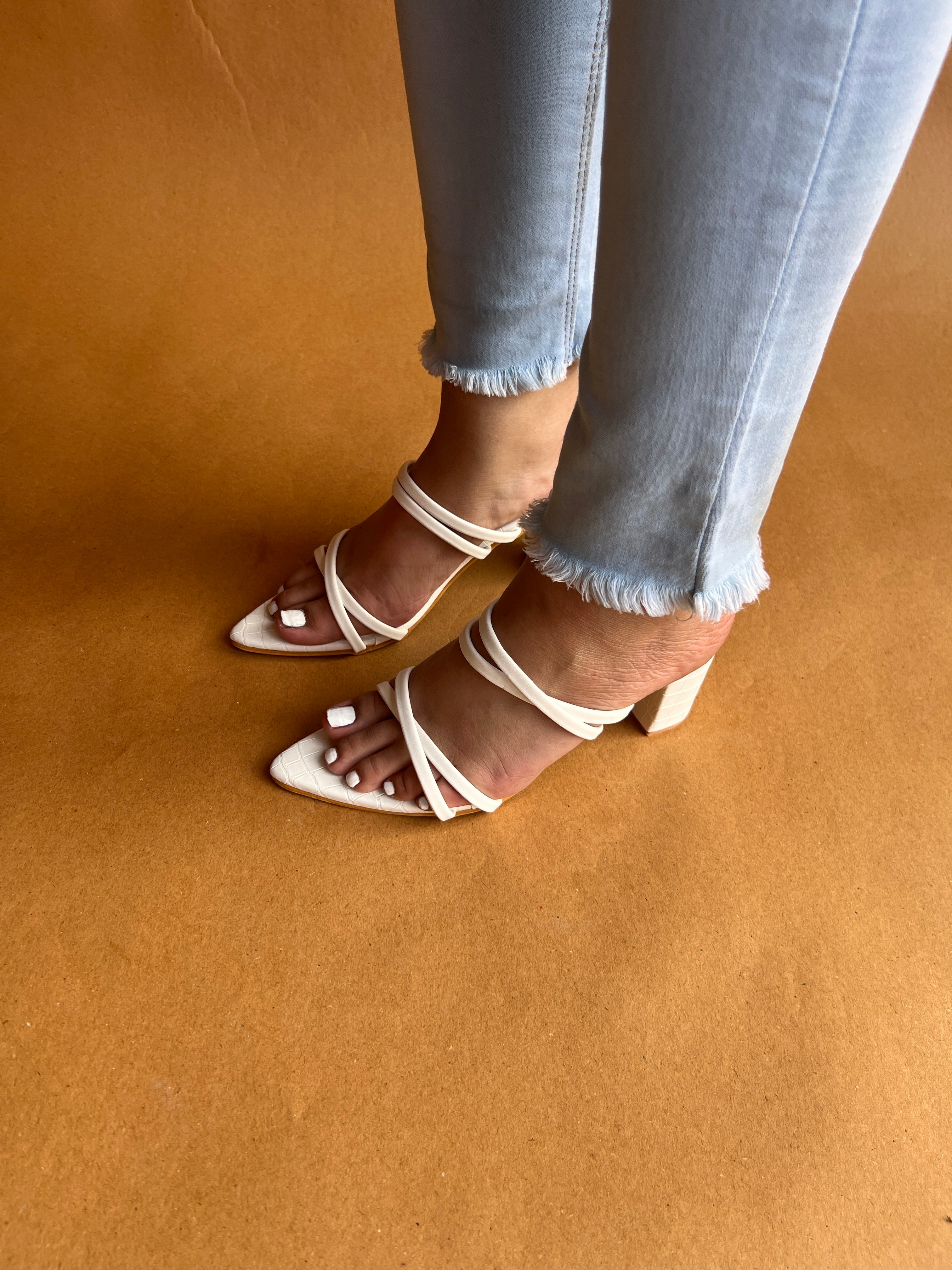 White pointed strappy heel
