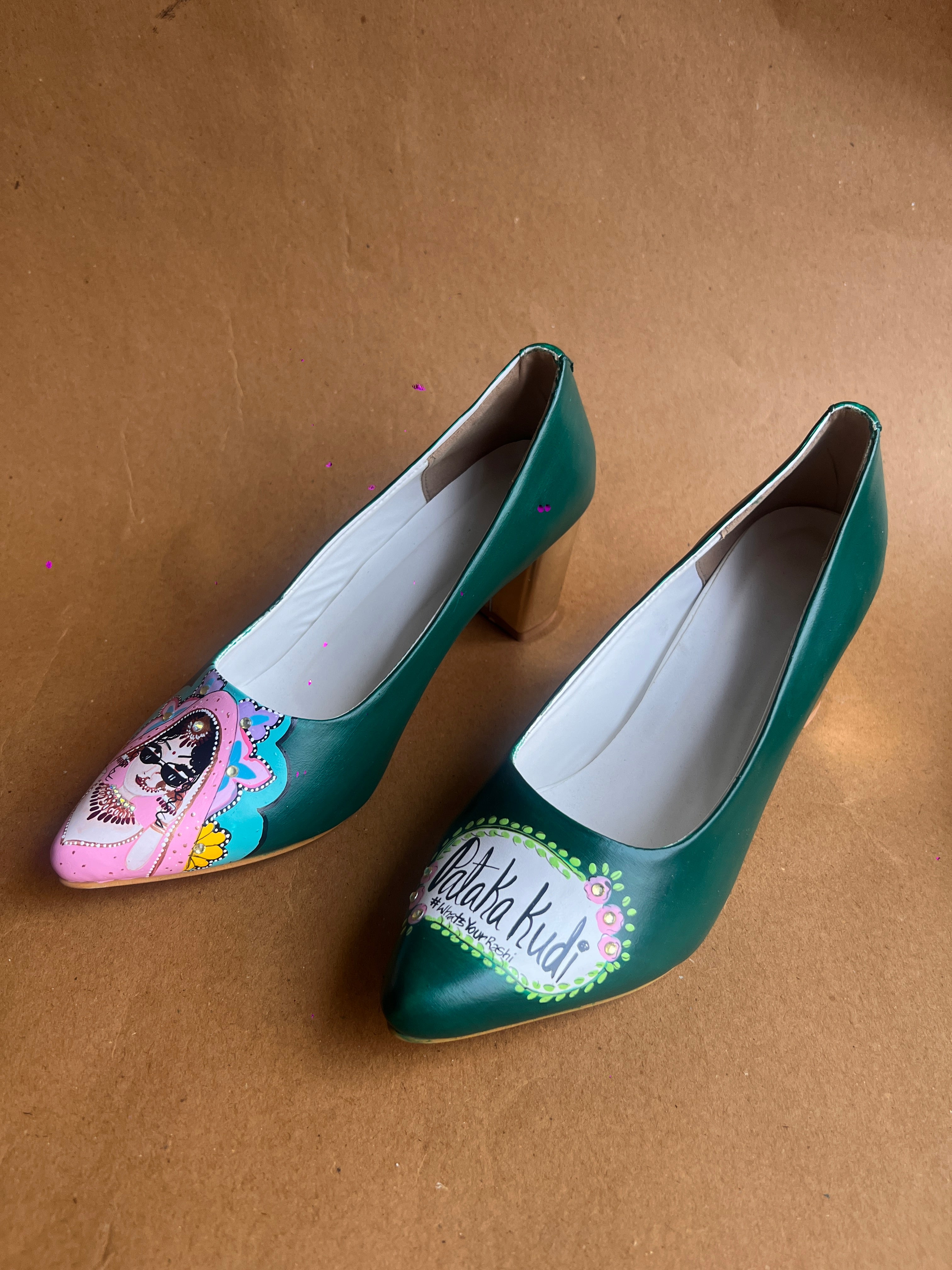 Emerald green Dulhan Artwork block 3.5 Inch pump Heels