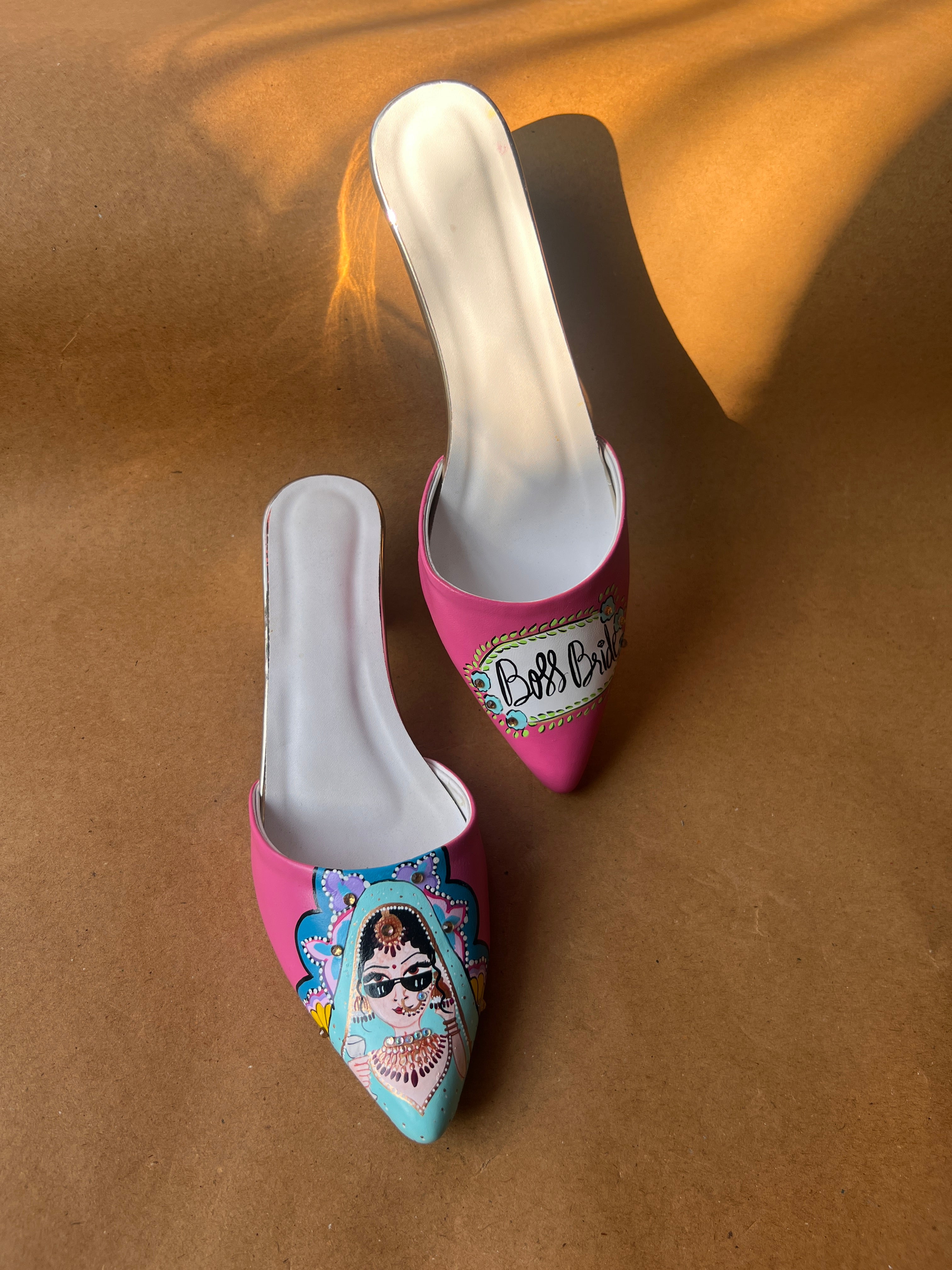 pink 2 inch swag bride mules