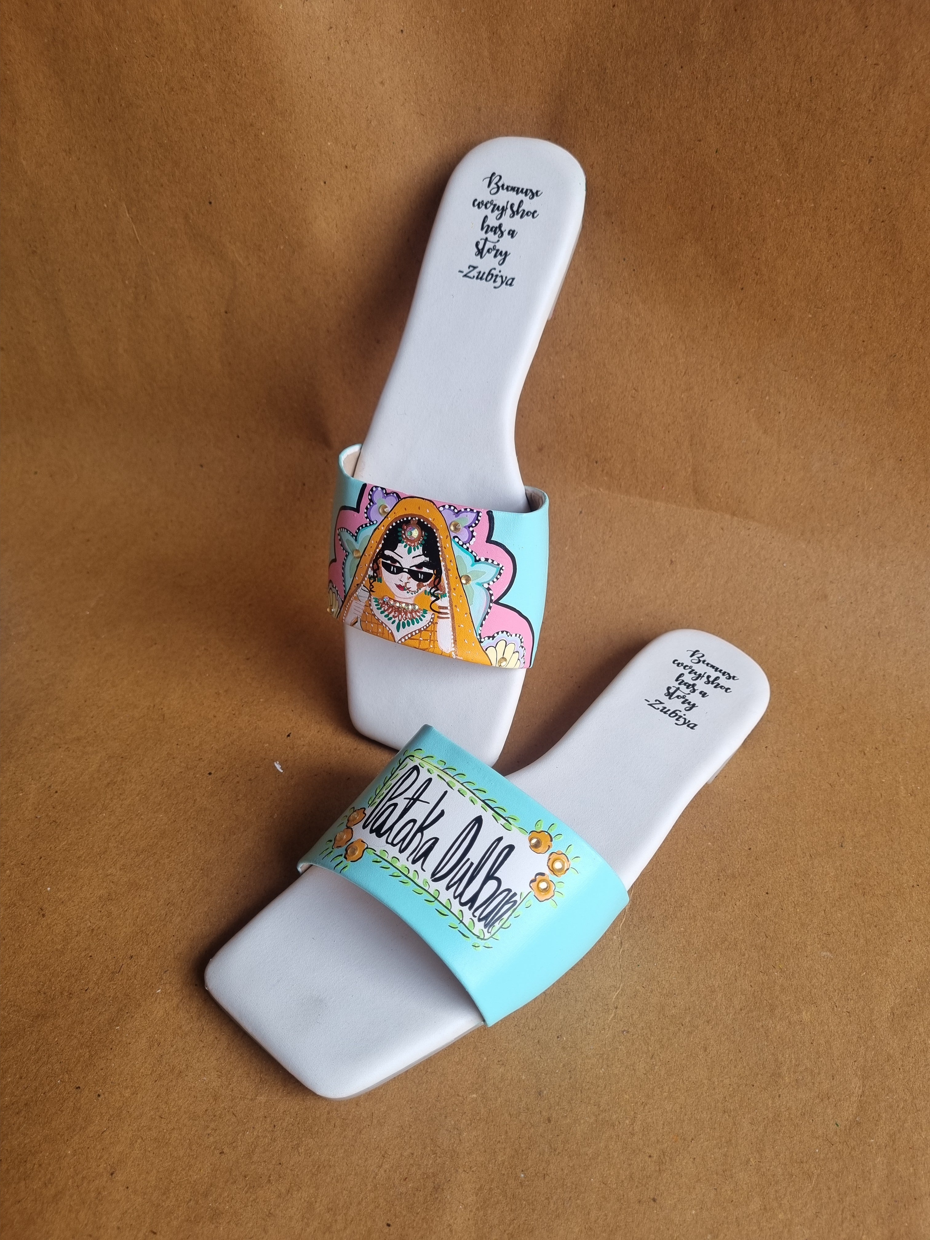 Ice blue sq. toe swagger slides