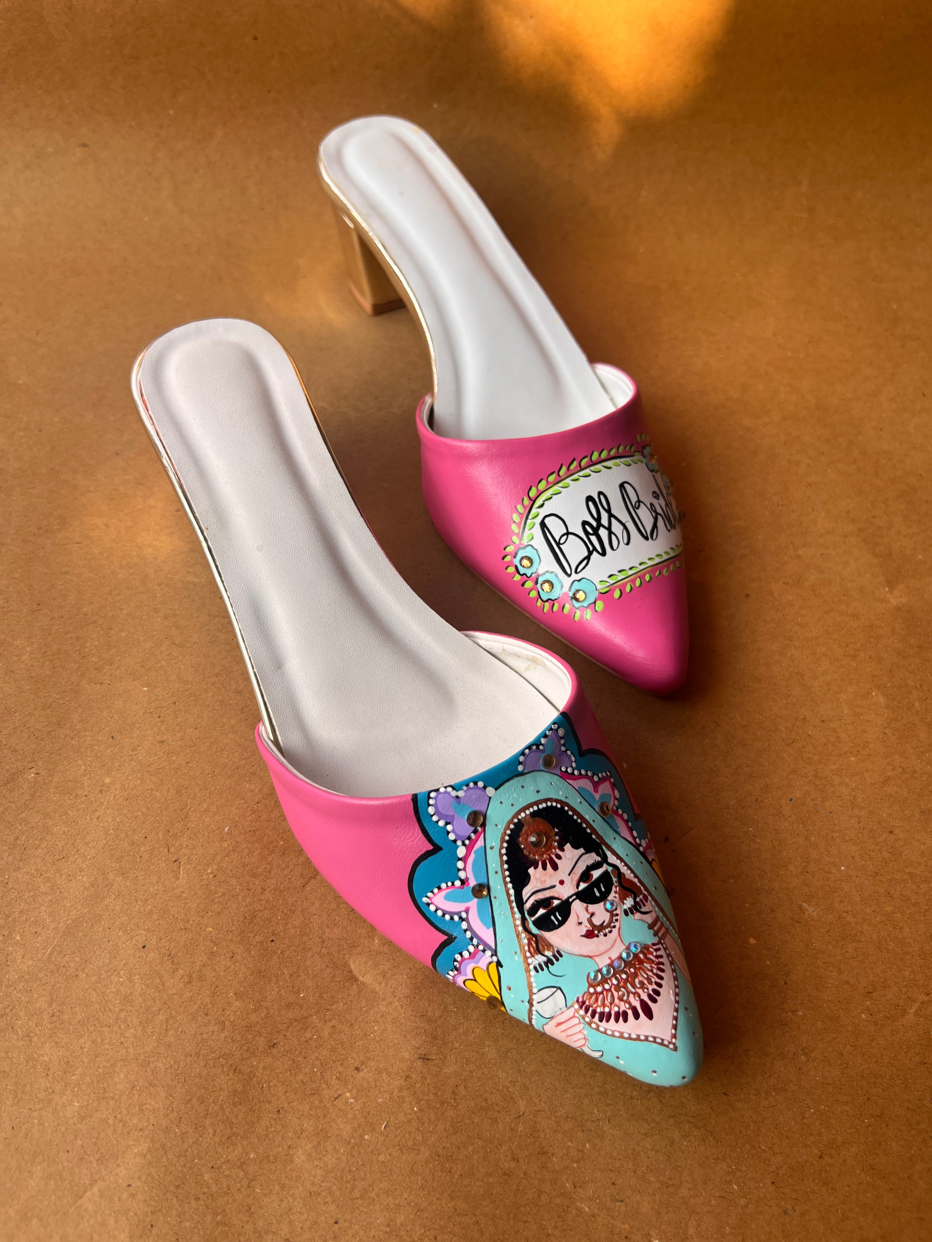 pink 2 inch swag bride mules